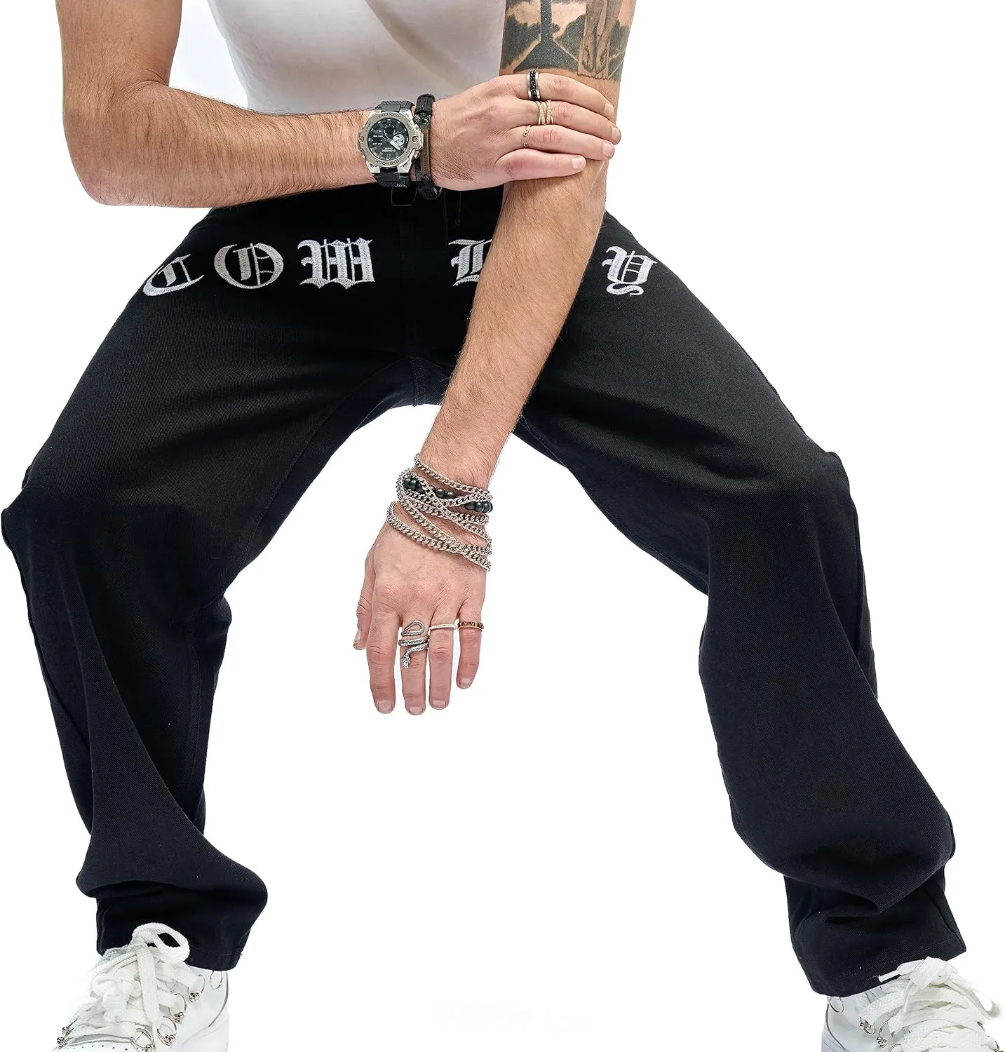 WEIBUMAOYI Men's Wide-Leg Jeans Straight Leg Carpenter Denim Pants Loose fit Trousers