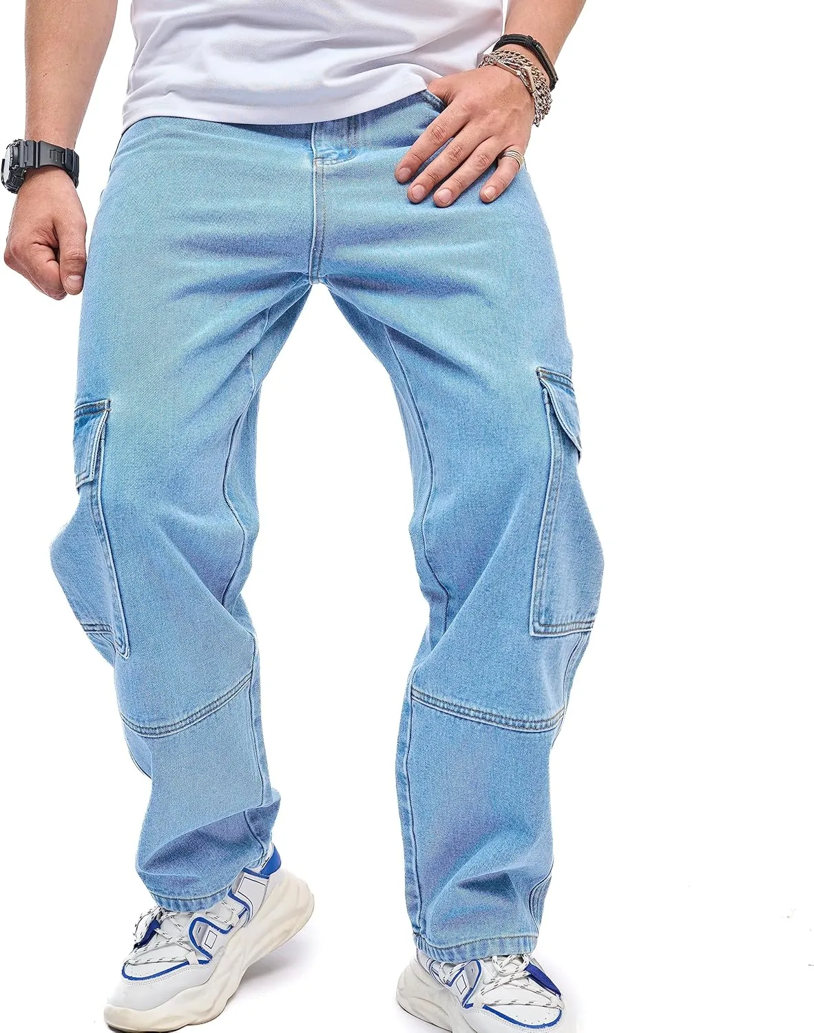 WEIBUMAOYI Men's Wide-Leg Jeans Straight Leg Carpenter Denim Pants Loose fit Trousers