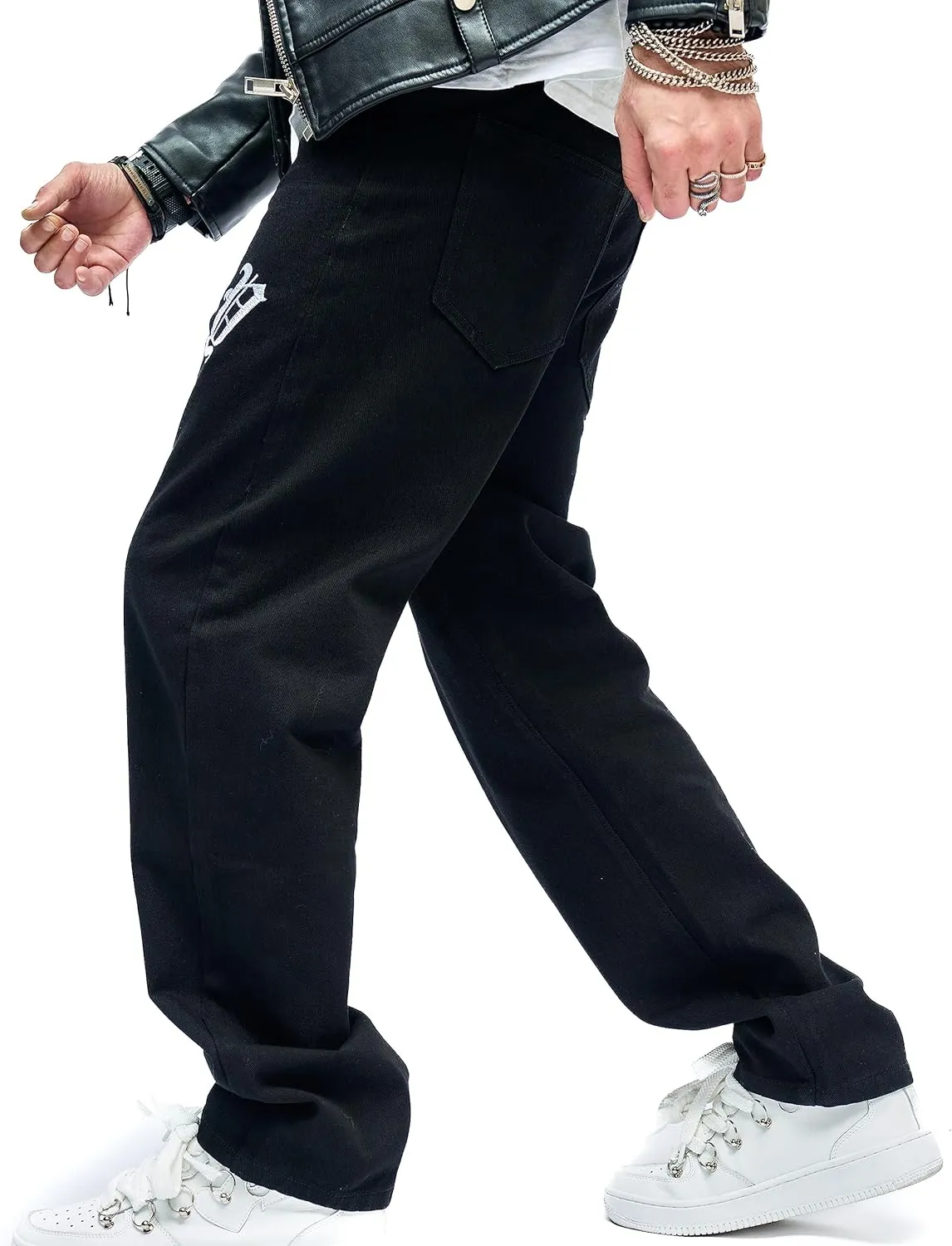 WEIBUMAOYI Men's Wide-Leg Jeans Straight Leg Carpenter Denim Pants Loose fit Trousers