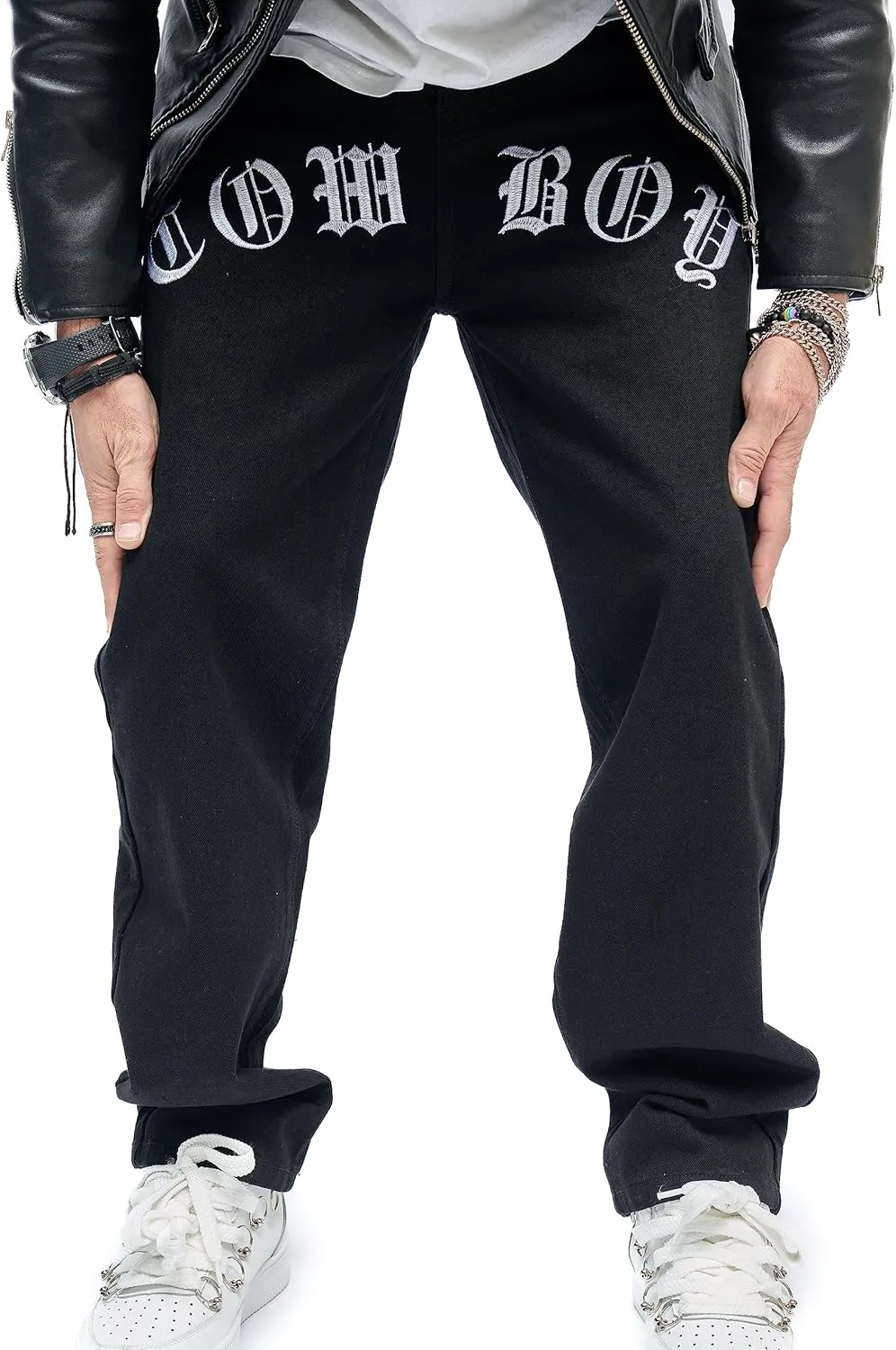 WEIBUMAOYI Men's Wide-Leg Jeans Straight Leg Carpenter Denim Pants Loose fit Trousers
