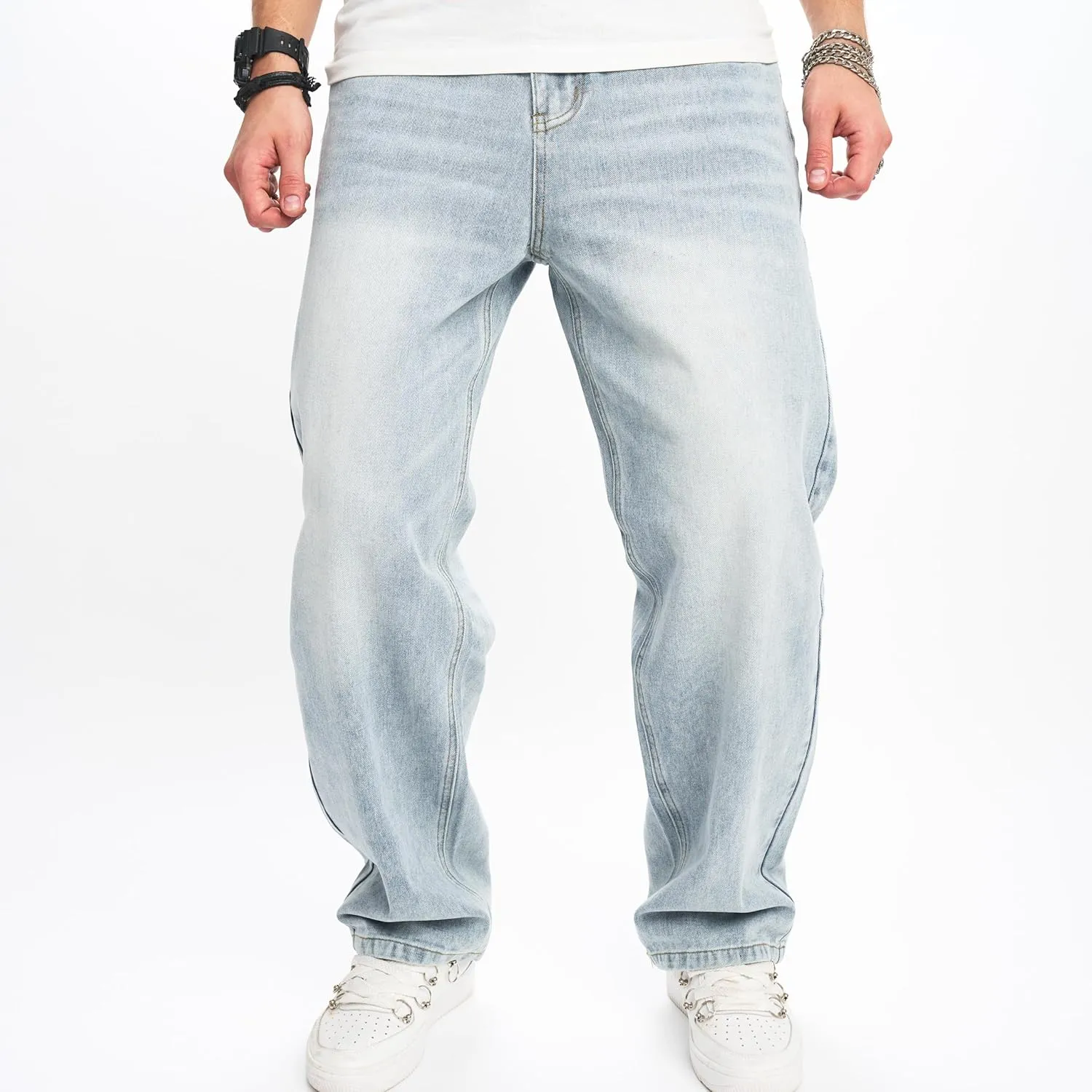 WEIBUMAOYI Men's Wide-Leg Jeans Straight Leg Carpenter Denim Pants Loose fit Trousers