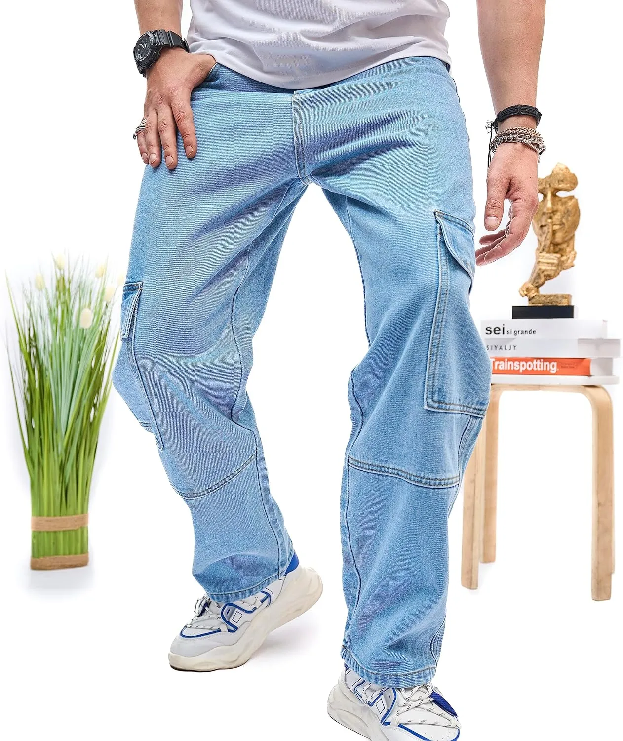 WEIBUMAOYI Men's Wide-Leg Jeans Straight Leg Carpenter Denim Pants Loose fit Trousers