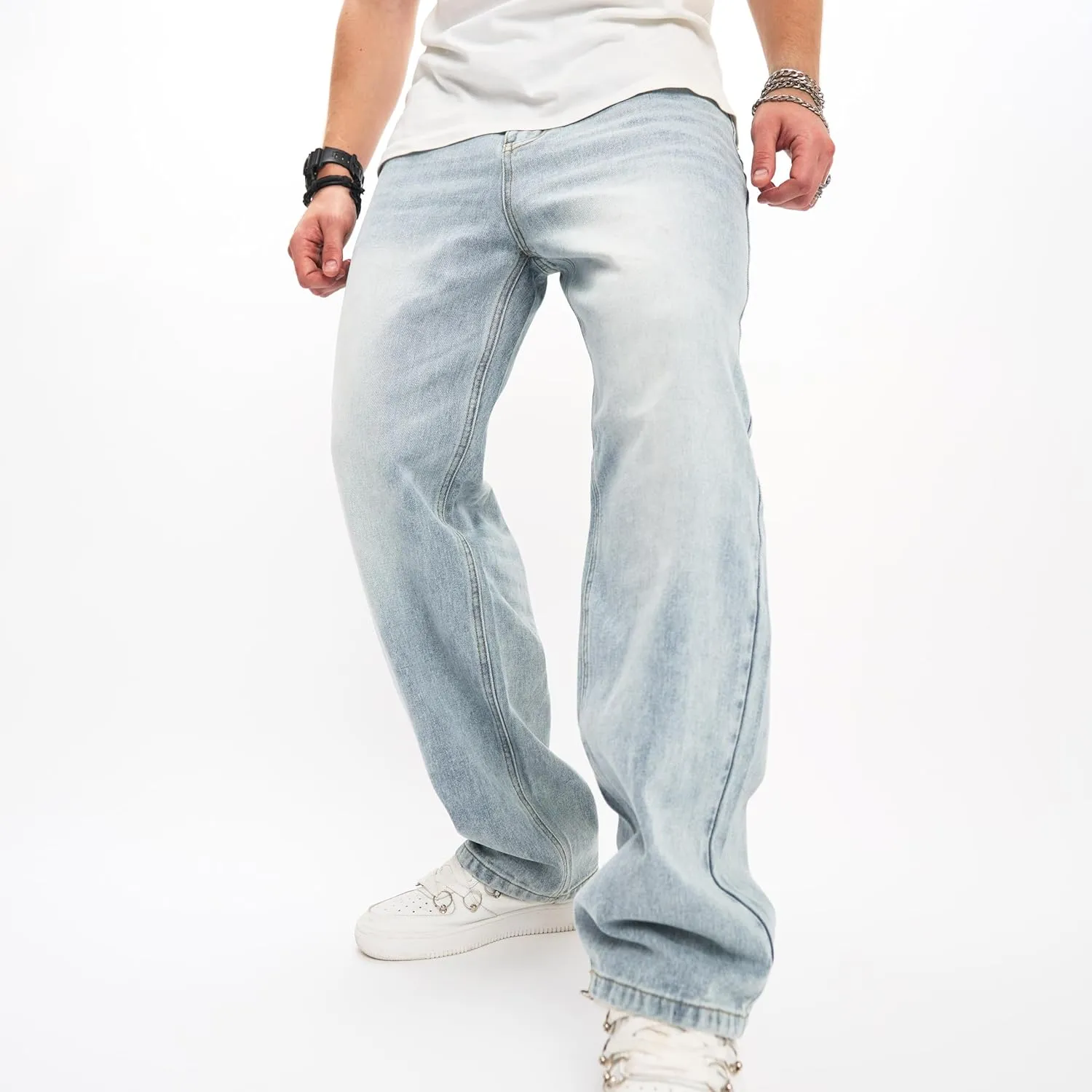 WEIBUMAOYI Men's Wide-Leg Jeans Straight Leg Carpenter Denim Pants Loose fit Trousers