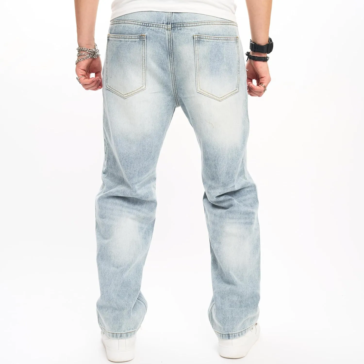 WEIBUMAOYI Men's Wide-Leg Jeans Straight Leg Carpenter Denim Pants Loose fit Trousers