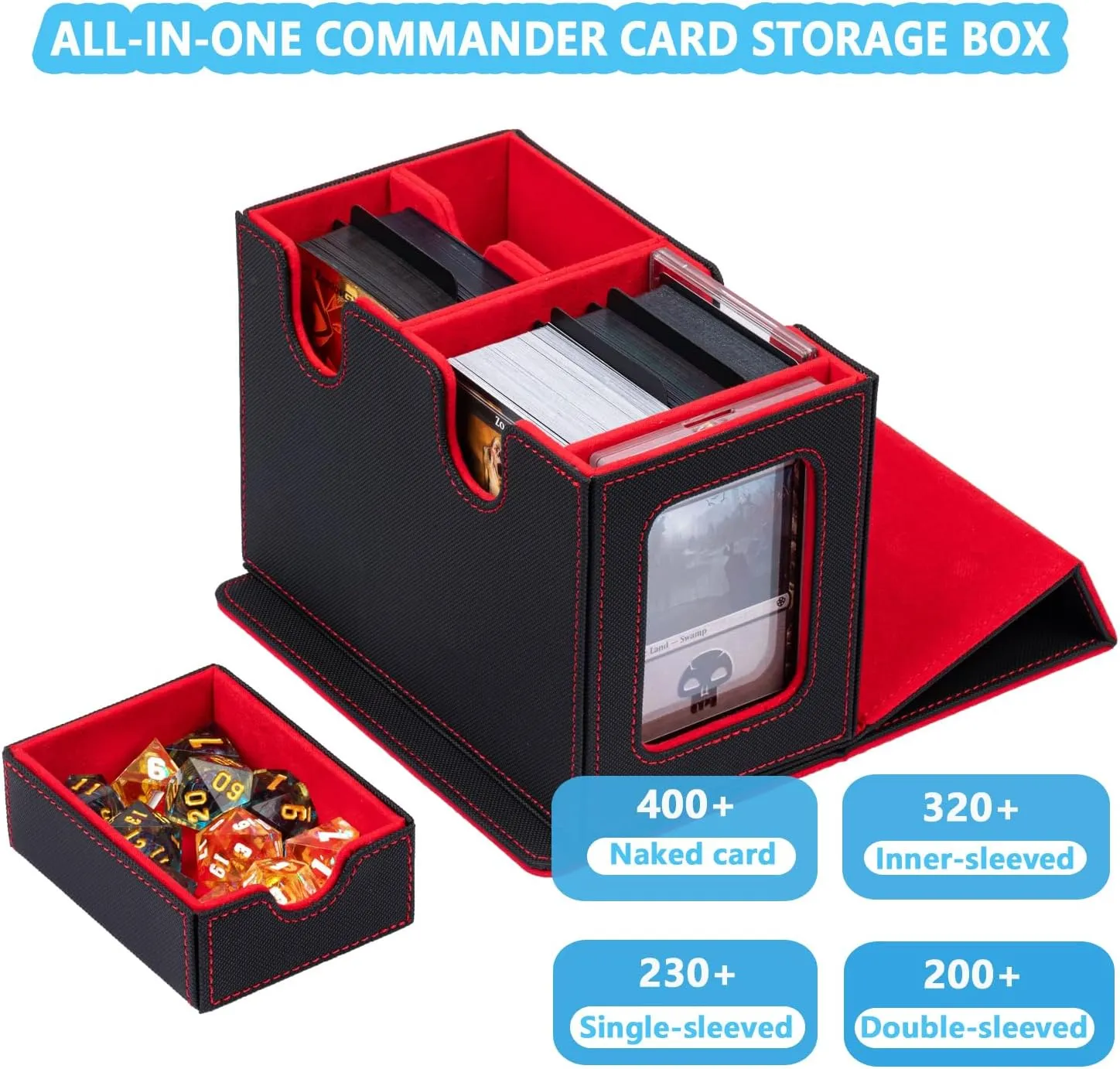 WELLMILLER MTG Deck Box for Commander with Dice Tray,Designed for MTG Commander Card Deck Box Fits 200  Double Sleeved Cards,Card Storage Box with 3 Dividers 2 card holder