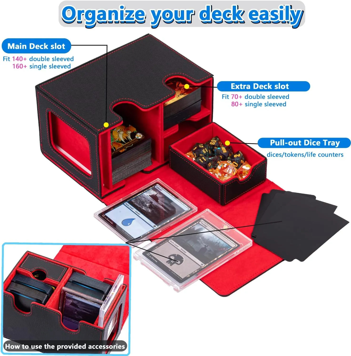 WELLMILLER MTG Deck Box for Commander with Dice Tray,Designed for MTG Commander Card Deck Box Fits 200  Double Sleeved Cards,Card Storage Box with 3 Dividers 2 card holder