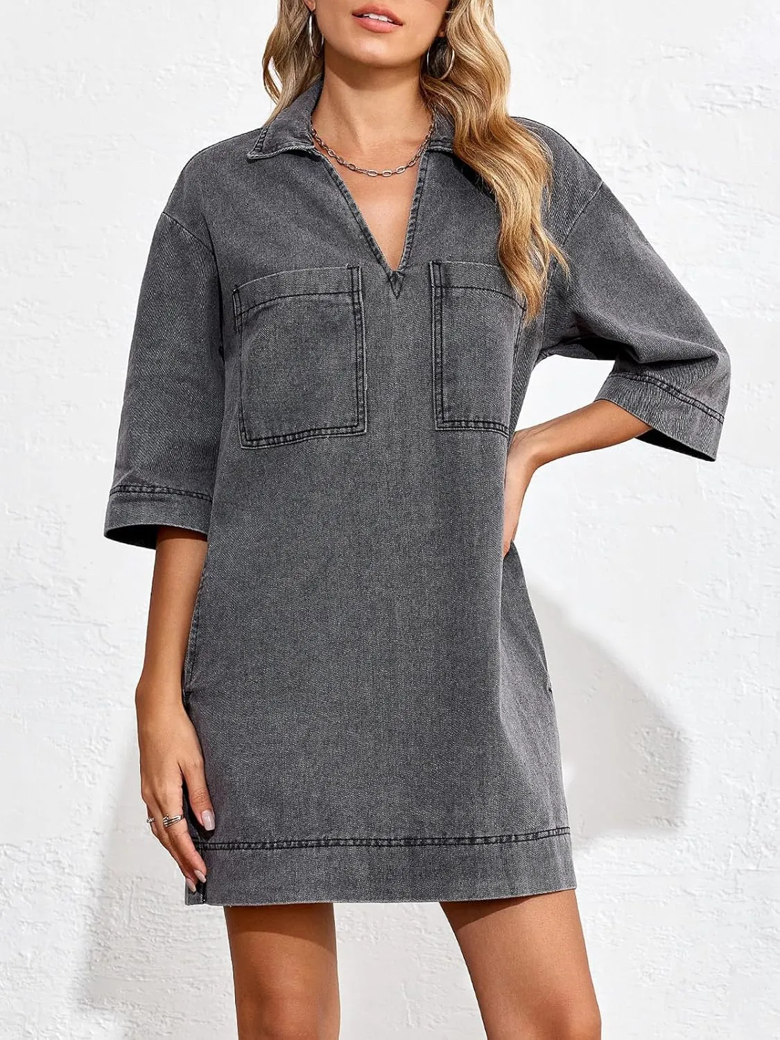 Wenrine Womens Denim Shirt Dress Summer Casual V Neck Short Sleeve Loose Jean Mini Dress