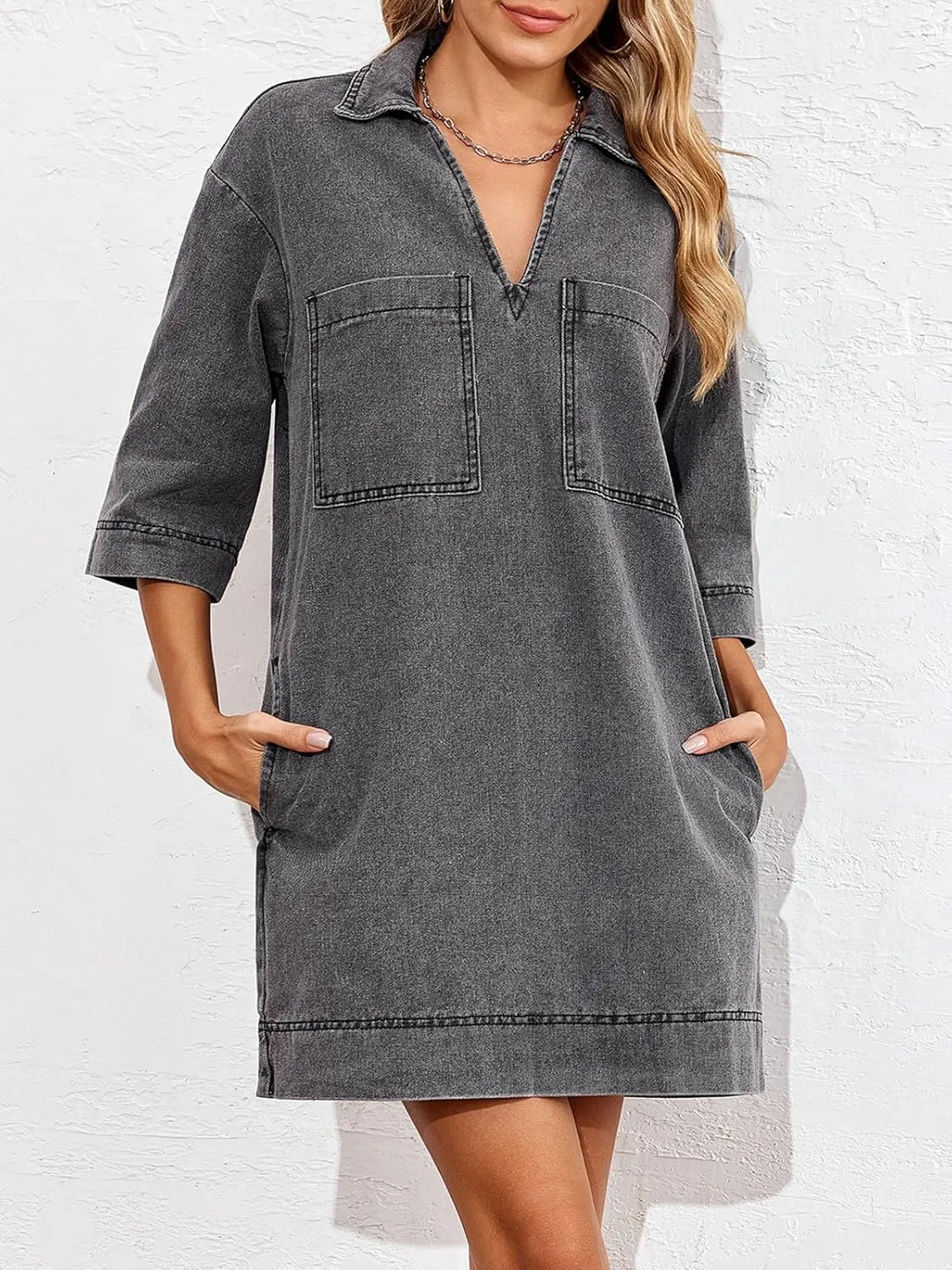 Wenrine Womens Denim Shirt Dress Summer Casual V Neck Short Sleeve Loose Jean Mini Dress