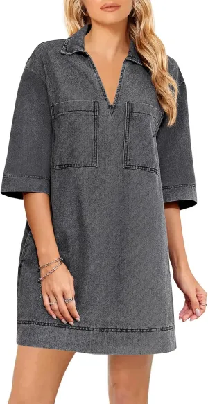 Wenrine Womens Denim Shirt Dress Summer Casual V Neck Short Sleeve Loose Jean Mini Dress