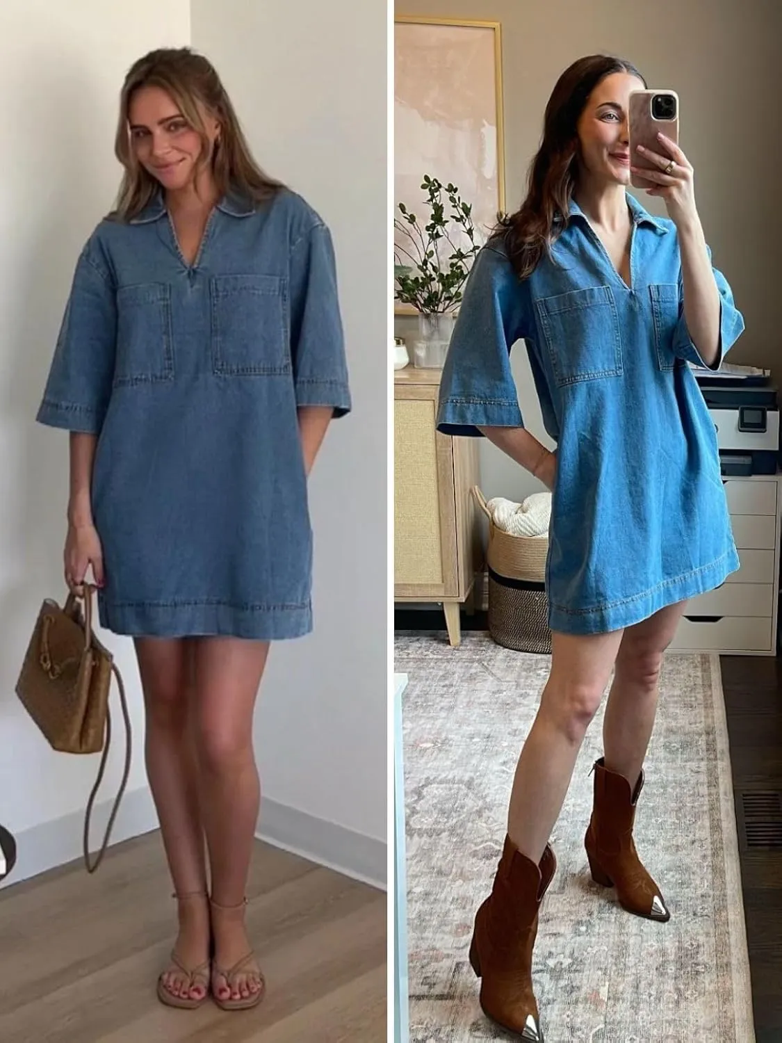 Wenrine Womens Denim Shirt Dress Summer Casual V Neck Short Sleeve Loose Jean Mini Dress