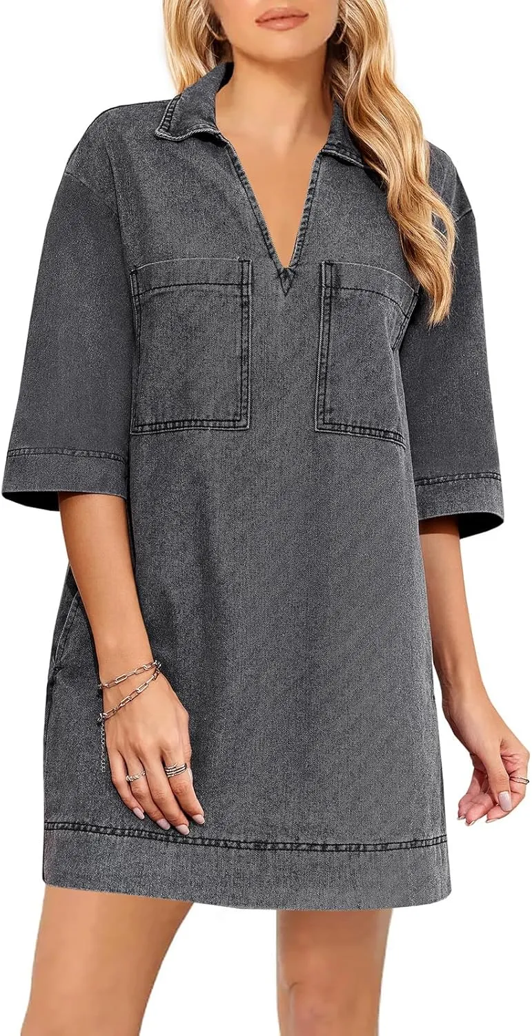 Wenrine Womens Denim Shirt Dress Summer Casual V Neck Short Sleeve Loose Jean Mini Dress