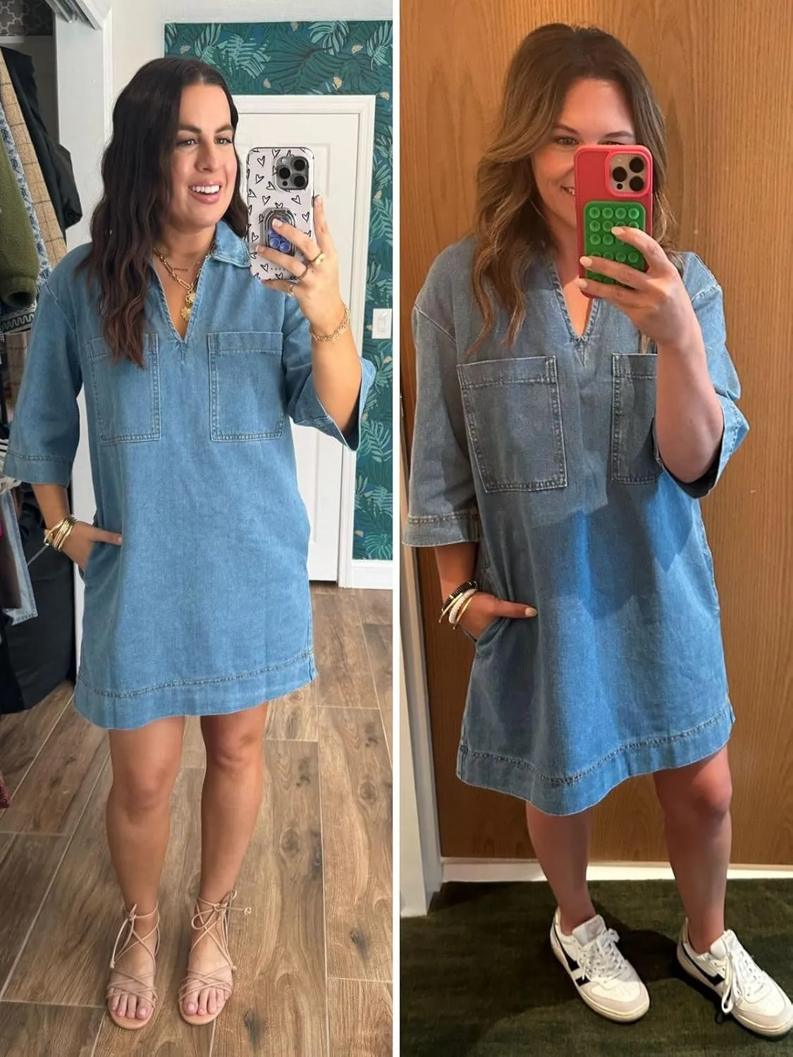 Wenrine Womens Denim Shirt Dress Summer Casual V Neck Short Sleeve Loose Jean Mini Dress