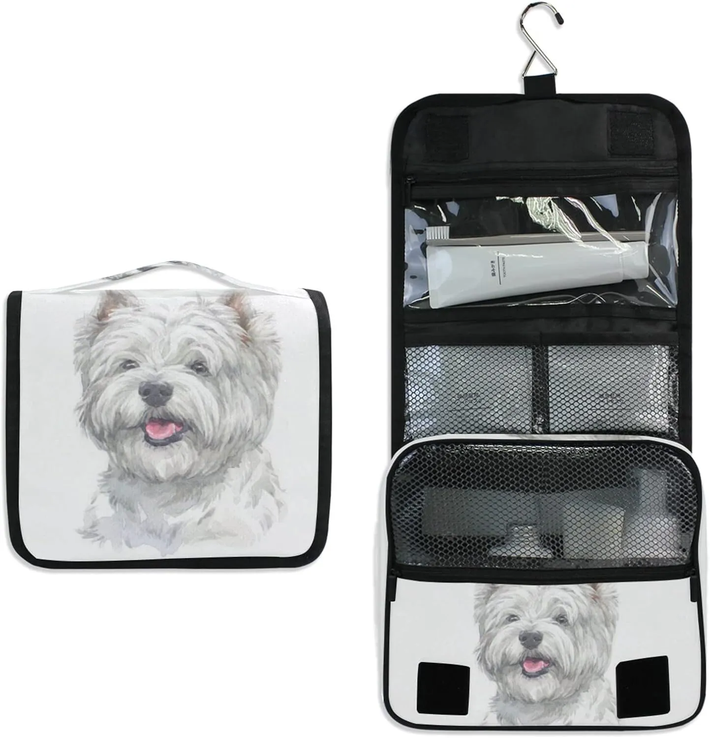 West Highland White Terrier Breed Dog Painting on White Hanging Wash Gargle Toiletry Bag Travel Cosmetic Makeup Case Organizer Storage Large Portable