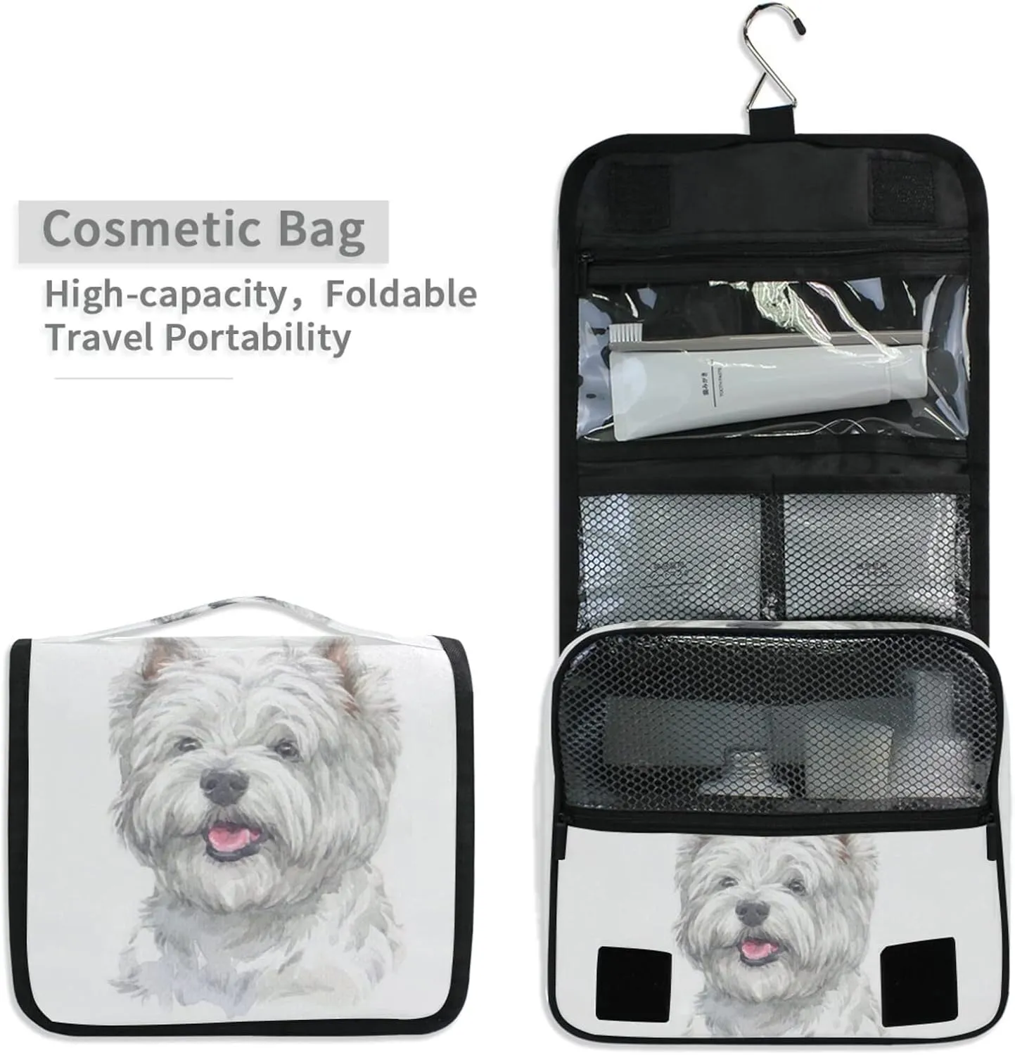 West Highland White Terrier Breed Dog Painting on White Hanging Wash Gargle Toiletry Bag Travel Cosmetic Makeup Case Organizer Storage Large Portable