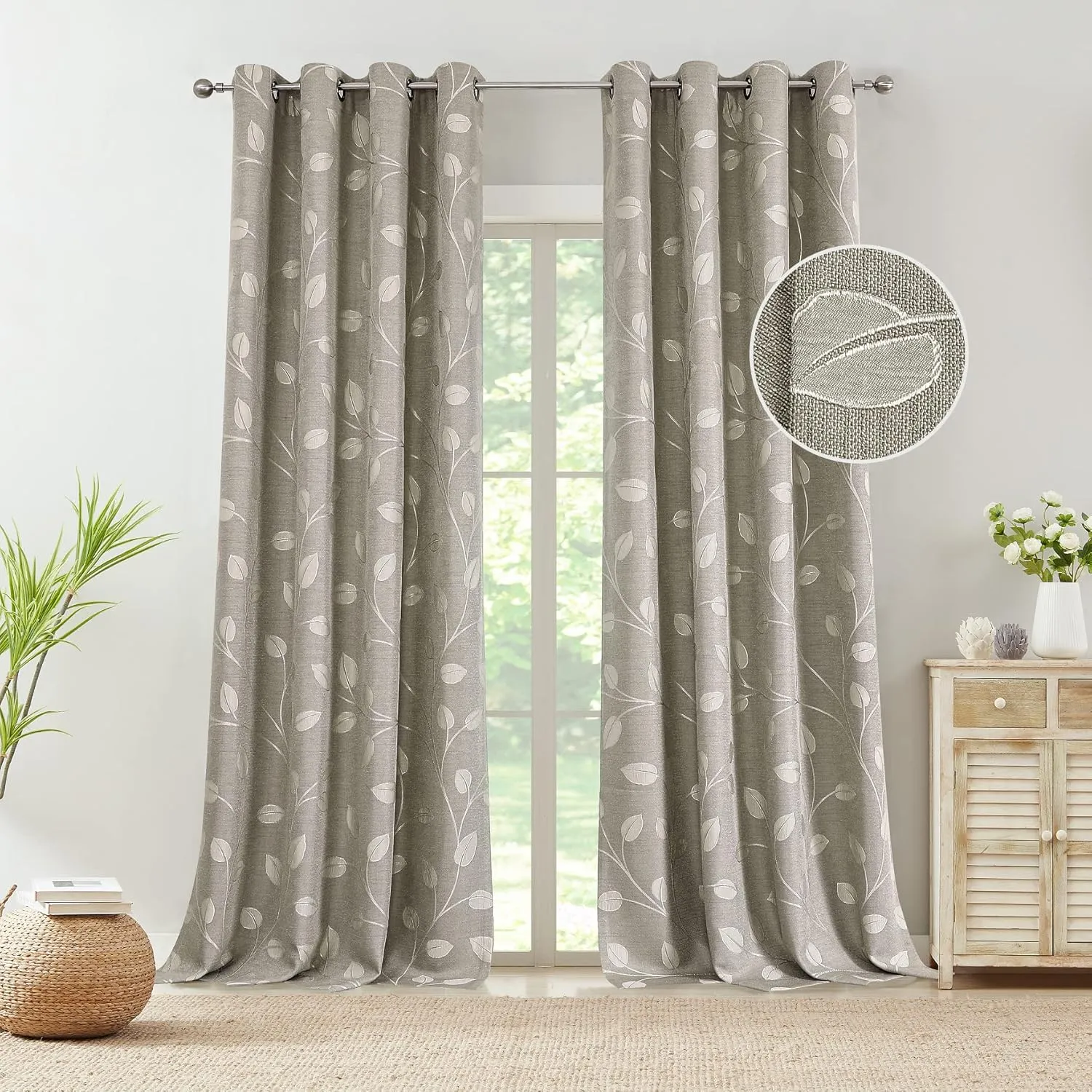 WEST LAKE Khaki Tan White Leaf Jacquard Curtain 2 Panels Heavy Linen Textured Room Darkening with Branches Pattern Grommet Top Window Treatment for Living Room/Bedroom,50"x84"x2