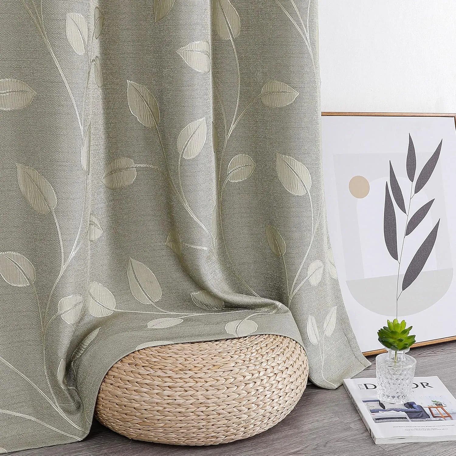 WEST LAKE Khaki Tan White Leaf Jacquard Curtain 2 Panels Heavy Linen Textured Room Darkening with Branches Pattern Grommet Top Window Treatment for Living Room/Bedroom,50"x84"x2