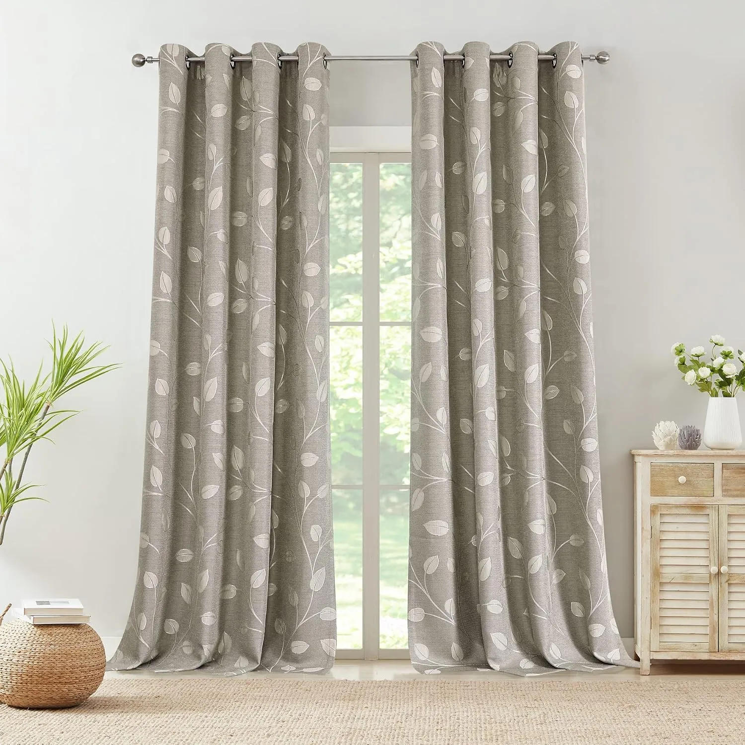 WEST LAKE Khaki Tan White Leaf Jacquard Curtain 2 Panels Heavy Linen Textured Room Darkening with Branches Pattern Grommet Top Window Treatment for Living Room/Bedroom,50"x84"x2