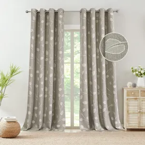 WEST LAKE Khaki Tan White Leaf Jacquard Curtain 2 Panels Heavy Linen Textured Room Darkening with Branches Pattern Grommet Top Window Treatment for Living Room/Bedroom,50"x84"x2