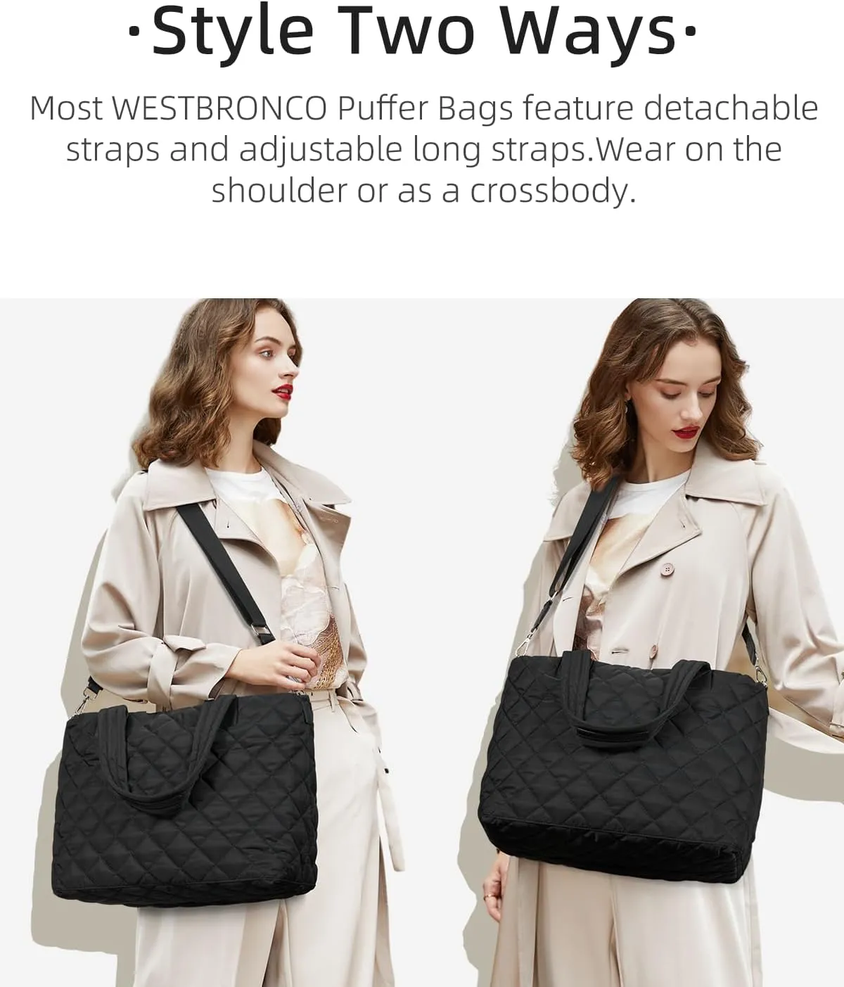 WESTBRONCO Tote Bag for Women with Zipper Large Puffer Quilted Tote Bag for Travel Gym Work