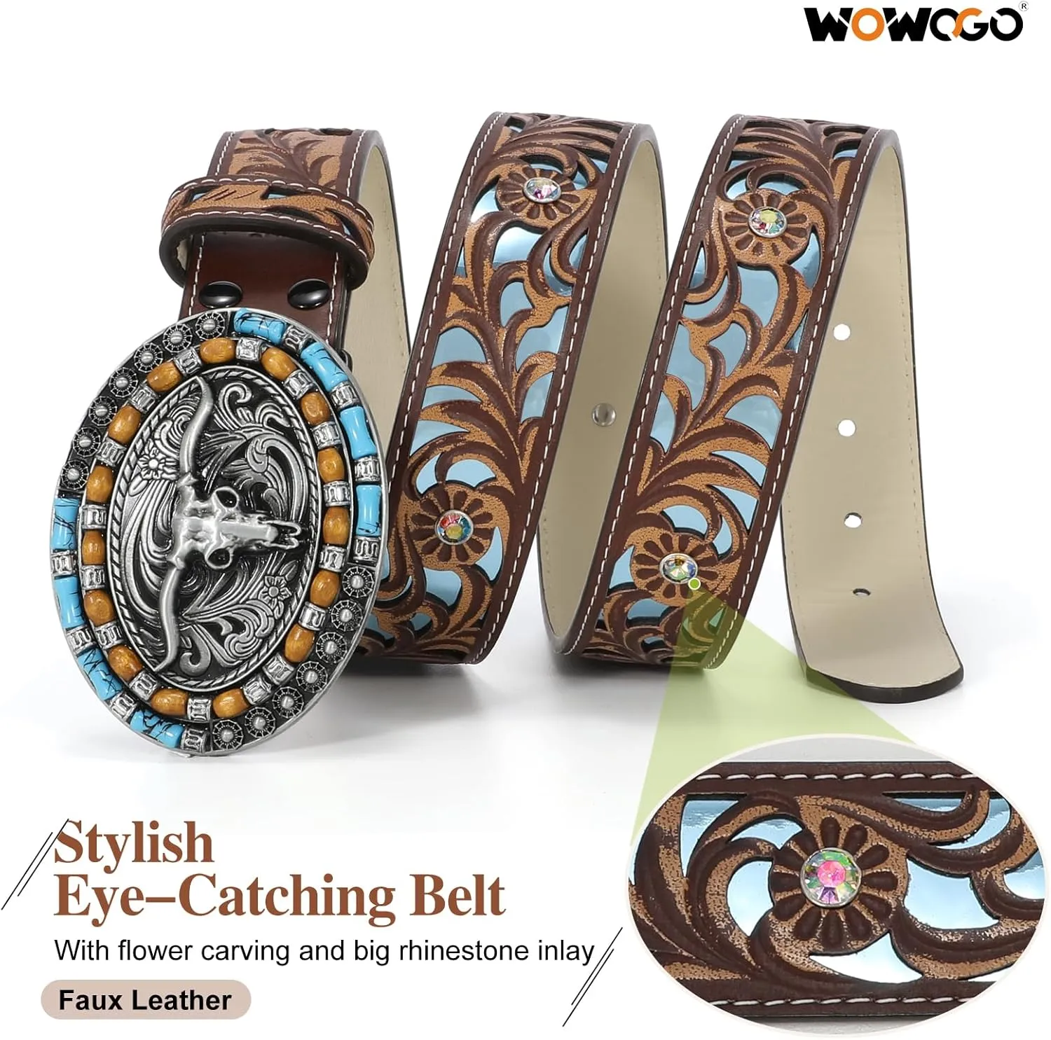 Western Belts for Women Cowgirl Cowboy Country Belt Turquoise Rhinestone Leather Belt Brown Plus Size Belt