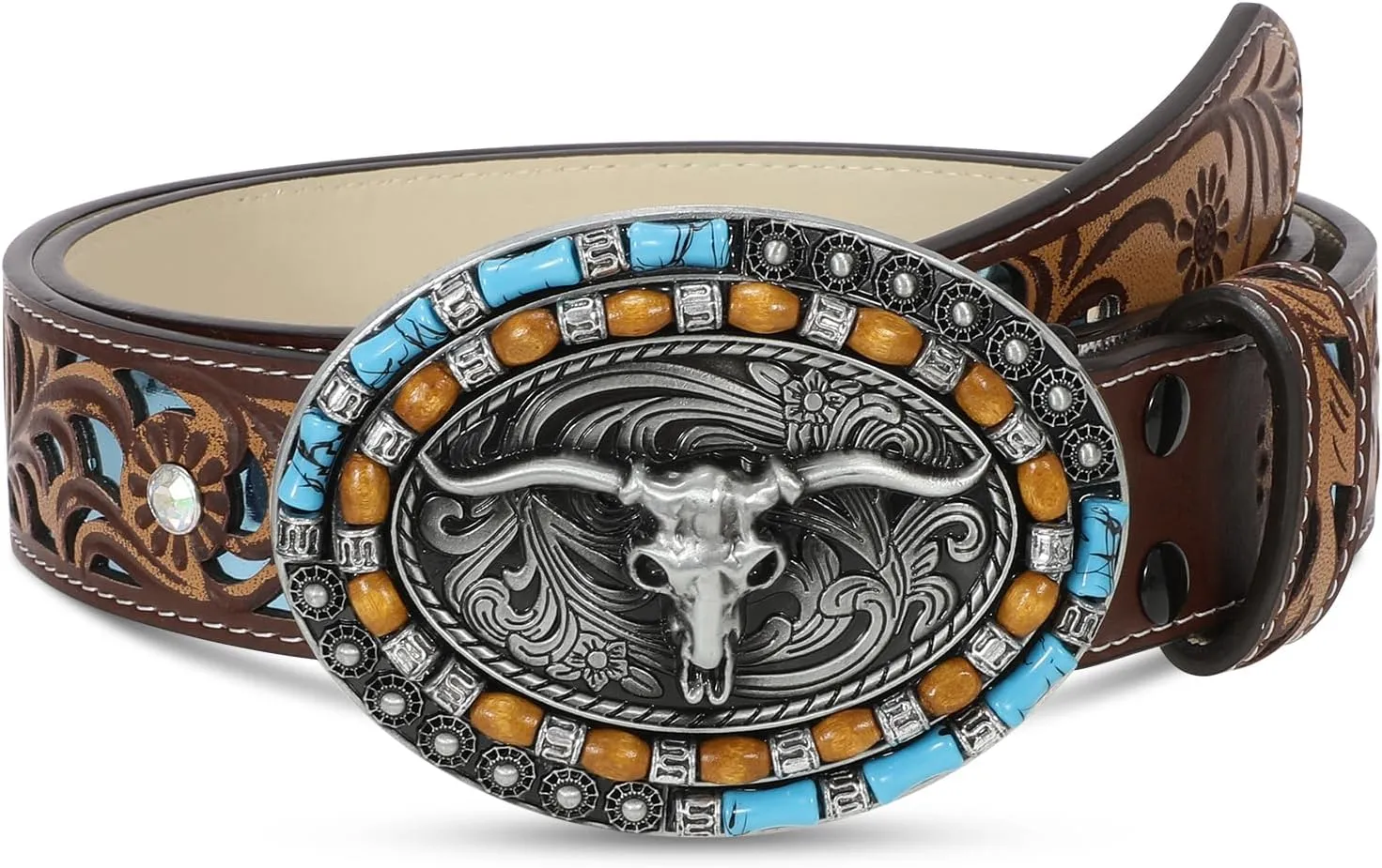 Western Belts for Women Cowgirl Cowboy Country Belt Turquoise Rhinestone Leather Belt Brown Plus Size Belt