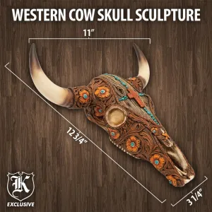 Western Cow Skull Sculpture | Tooled Leather with Wooden Cross and Turquoise Design | Made of Polyresin | Rustic Home Decor | Dimensions 13 3/4" X 12 3/4" X 3 3/4"