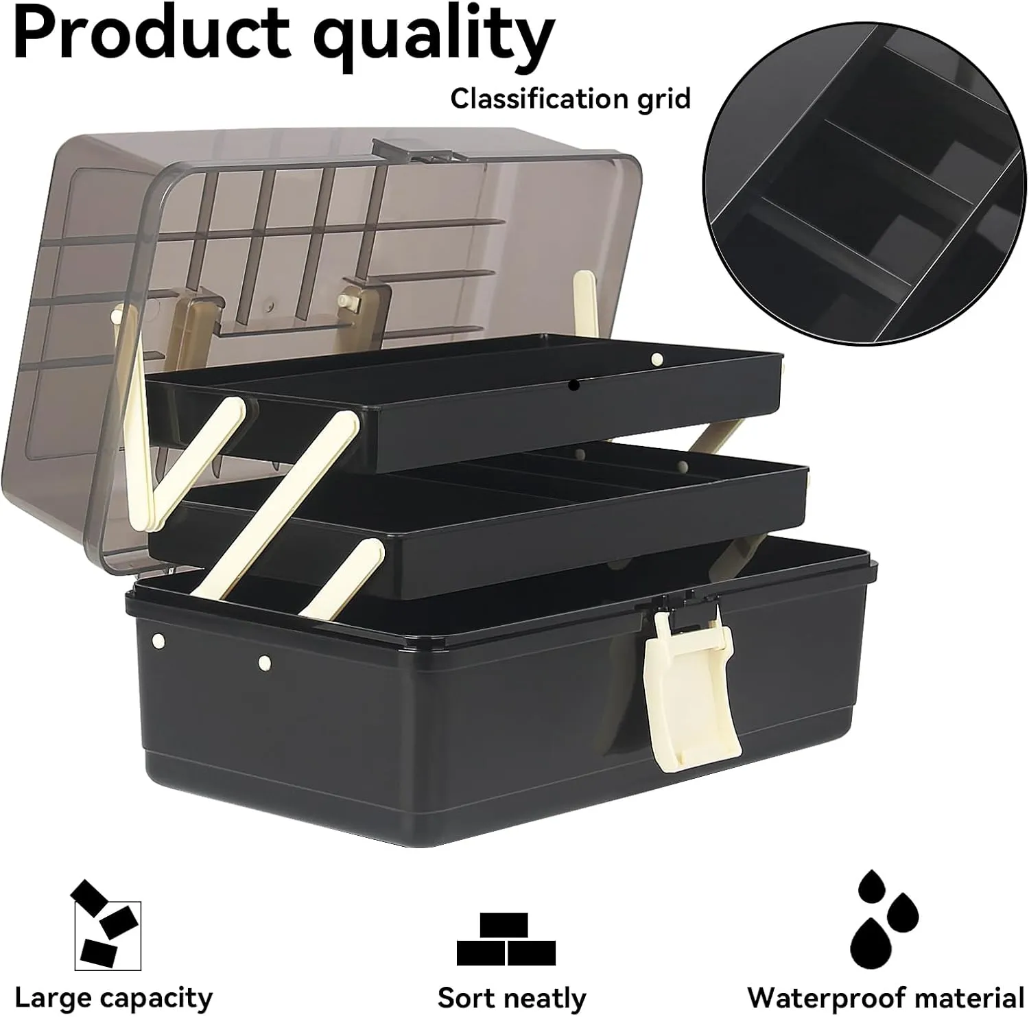 WEWLINE 13-Inch Art Storage Box 3-Layers Plastic Storage Box with Handle Craft Art Bin Portable for Home School Office Travel, Black