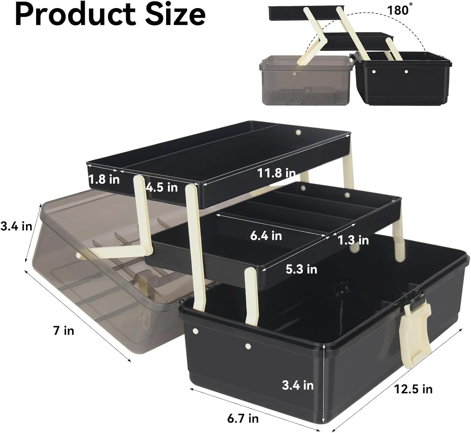 WEWLINE 13-Inch Art Storage Box 3-Layers Plastic Storage Box with Handle Craft Art Bin Portable for Home School Office Travel, Black