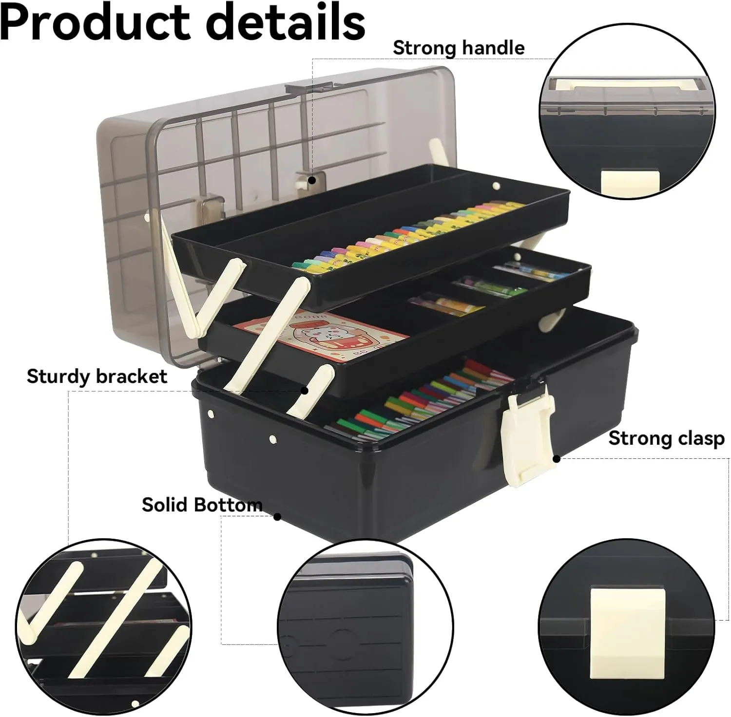 WEWLINE 13-Inch Art Storage Box 3-Layers Plastic Storage Box with Handle Craft Art Bin Portable for Home School Office Travel, Black