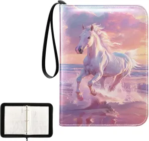 White Horse Pink Colorful Beach Card Binder 4 Pocket, Trading Card Holder Fits 400 Game Cards with 50 Removable Sleeves, MTG Card Case Standard Size