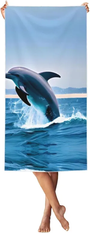 White Silver Fox Velvet Beach Towel 27.5x55 inches, Jumping up Dolphins Suitable for Children and Adults, Absorbent, Lightweight and Soft