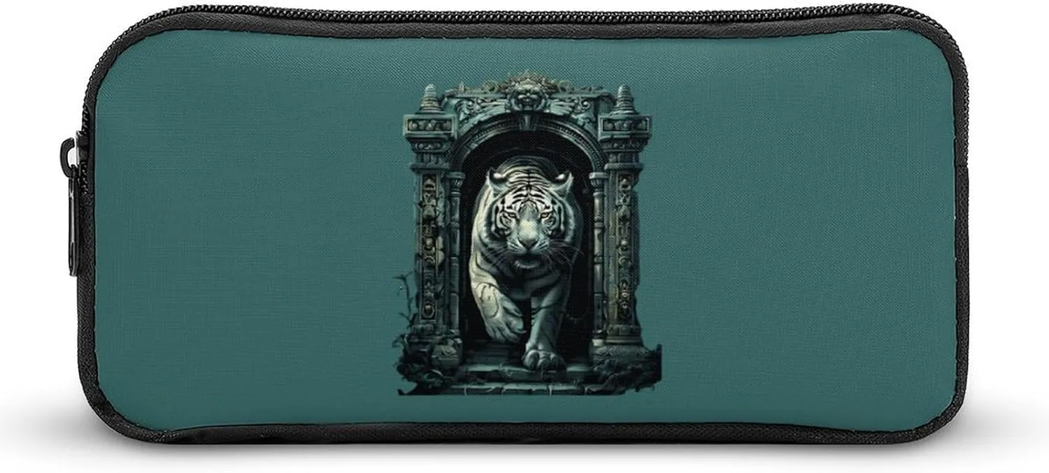 White Tiger Architecture Pencil Pouch Case Box Pen Holder Bag Stationery Small Makeup Travel Organize Storage Bag
