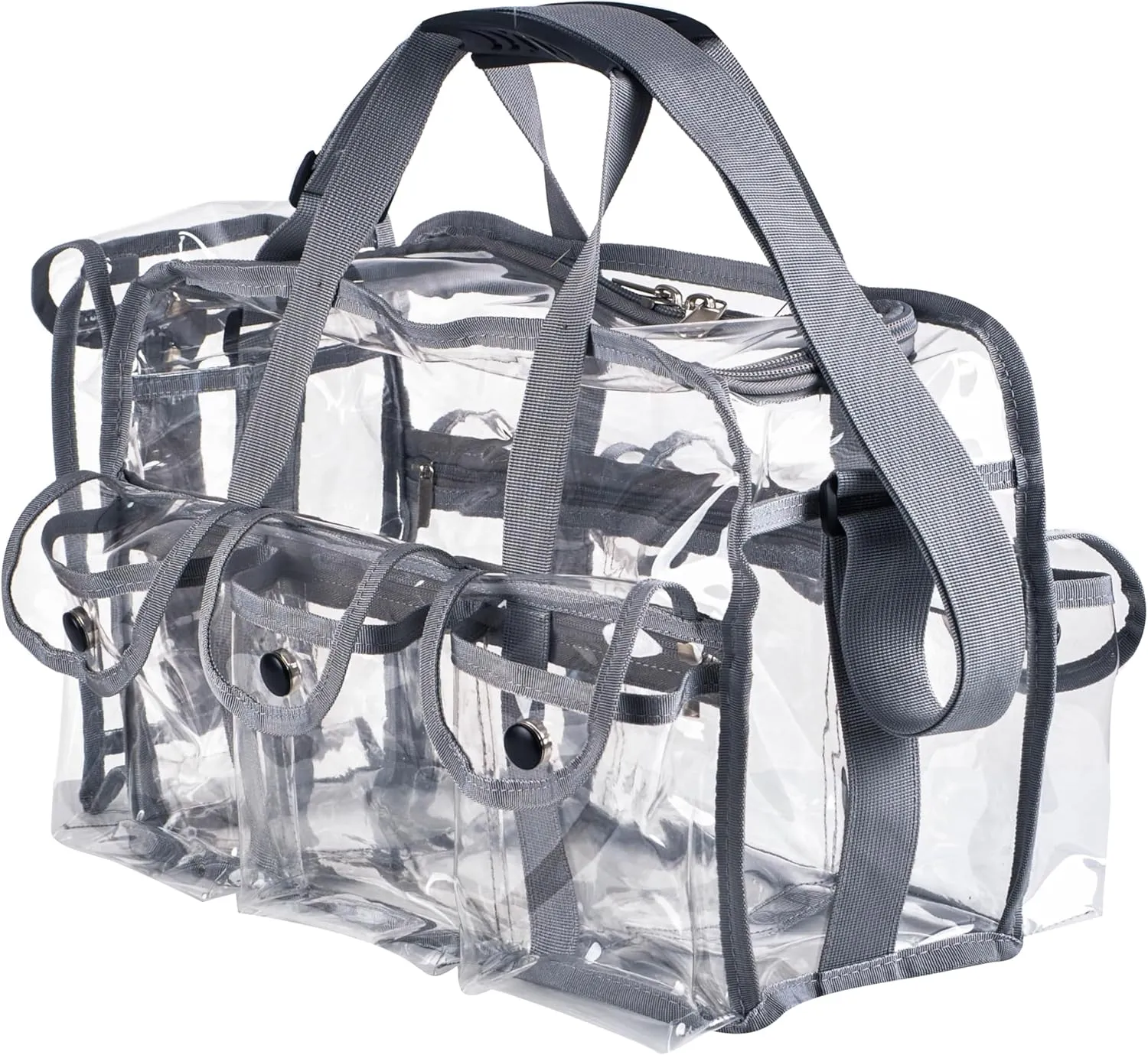 Wide Mouth Large Professional Clear PVC Travel Makeup Artist Set Bag Cosmetic Nails Beauty Bag Transparent Vinyl Tool Organizer Work Bag Beach Bag Diaper Bag with 6 External Pockets & Strap (Grey)