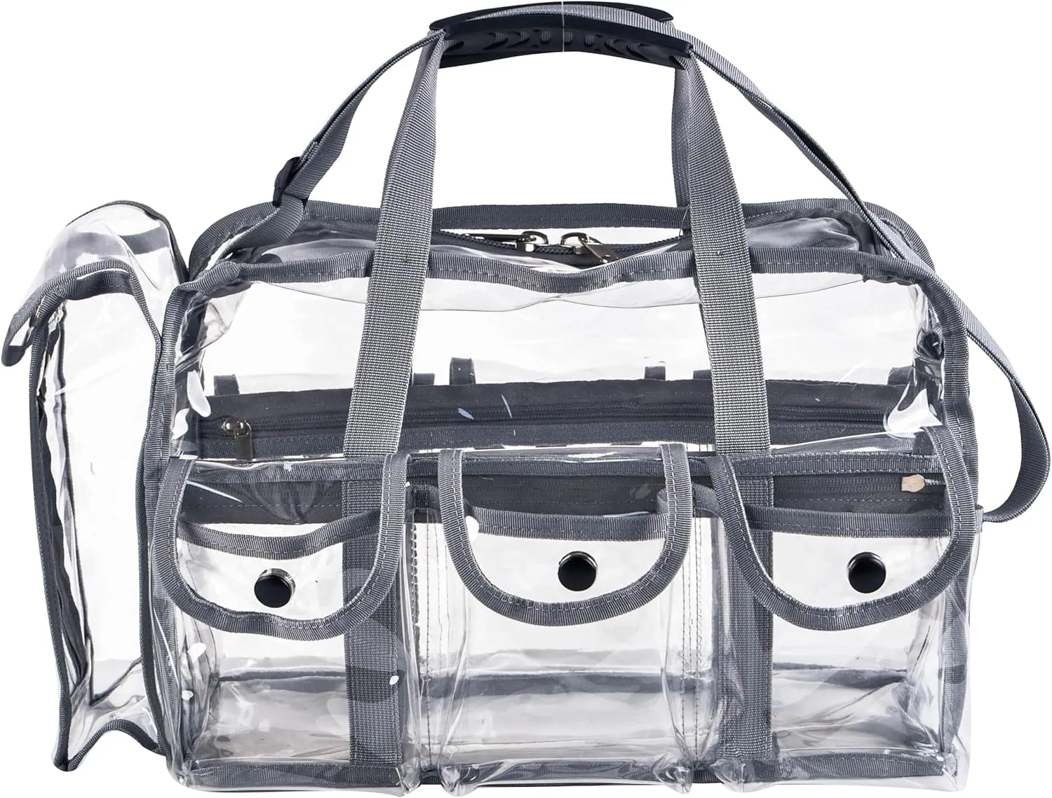 Wide Mouth Large Professional Clear PVC Travel Makeup Artist Set Bag Cosmetic Nails Beauty Bag Transparent Vinyl Tool Organizer Work Bag Beach Bag Diaper Bag with 6 External Pockets & Strap (Grey)