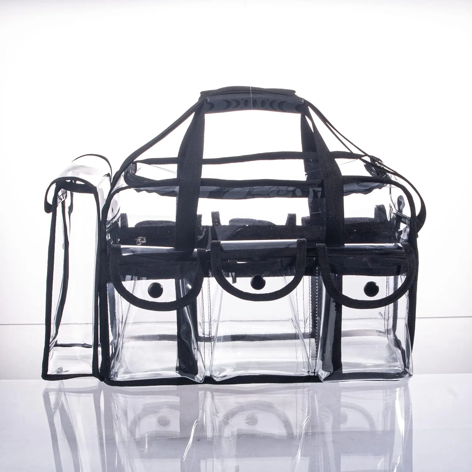 Wide Open Large Professional Clear PVC Travel Makeup Artist Set Cosmetic Nails Beauty Transparent Vinyl Tool Organizer Work Beach Diaper Bag With 6 External Pockets & Strap (Black)