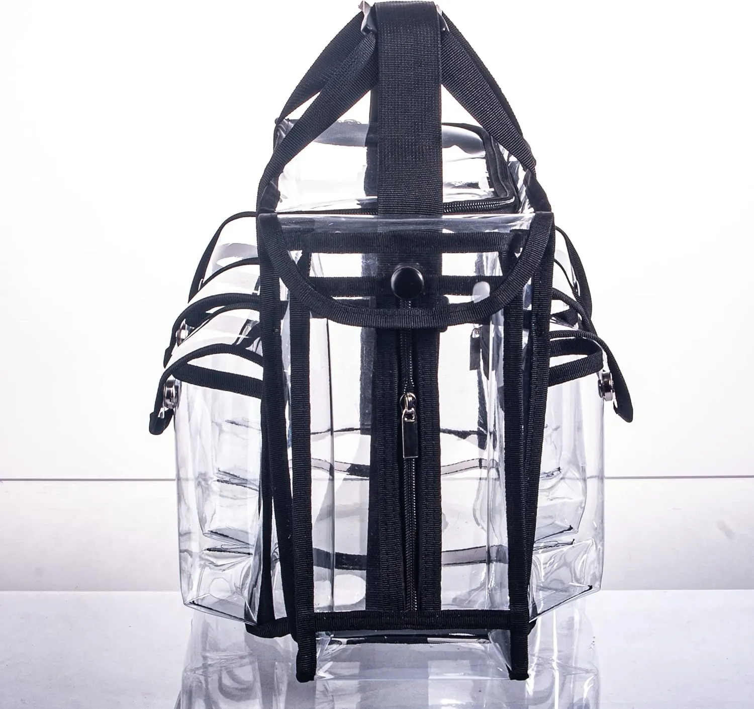 Wide Open Large Professional Clear PVC Travel Makeup Artist Set Cosmetic Nails Beauty Transparent Vinyl Tool Organizer Work Beach Diaper Bag With 6 External Pockets & Strap (Black)