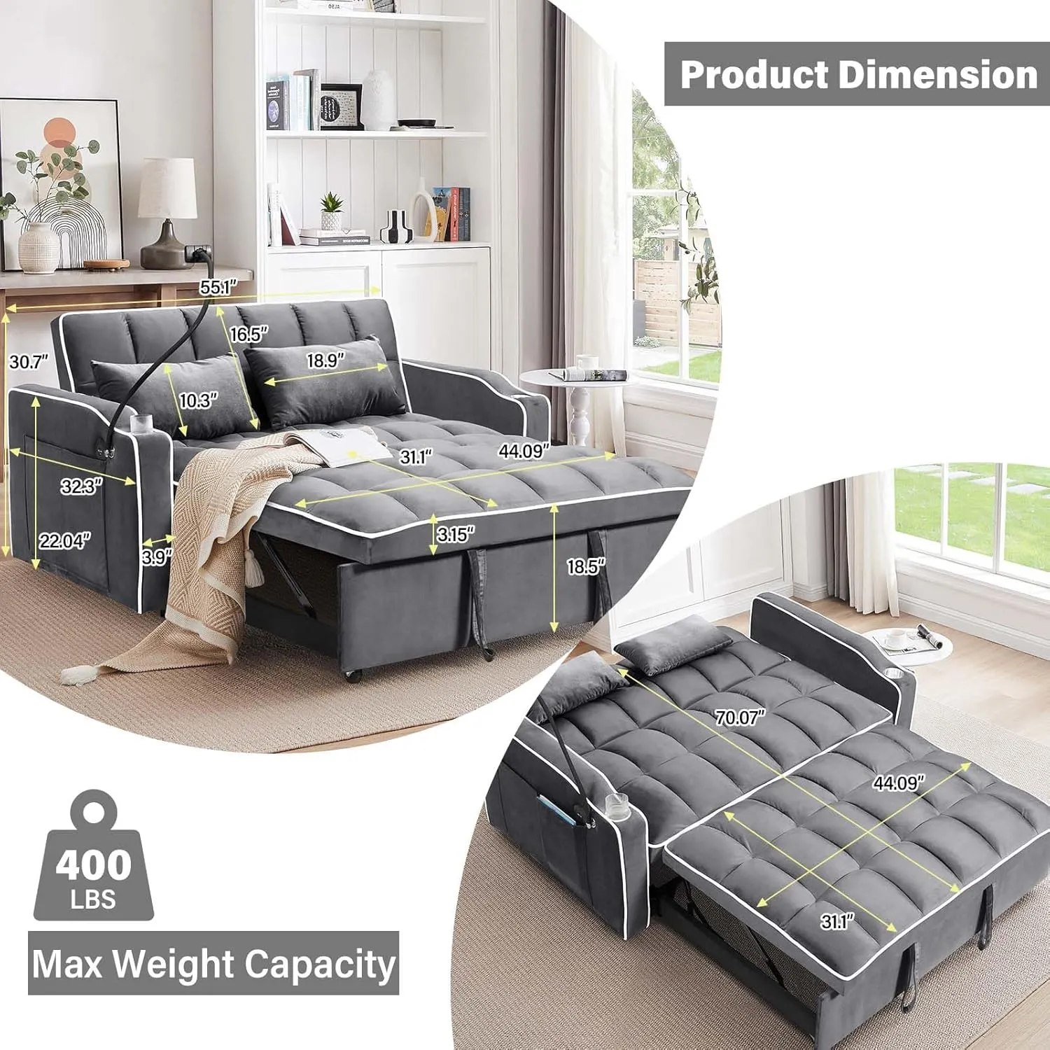 WIIS' IDEA Convertible Sofa Bed,3 in 1 Velvet Sleeper Sofa Pull-Out Bed,55'' Loveseat Sleeper Sofa Bed with Adjustable Backrest with 2 Pillows and Storage Bag & USB Port and Phone Stand,Dark Gray