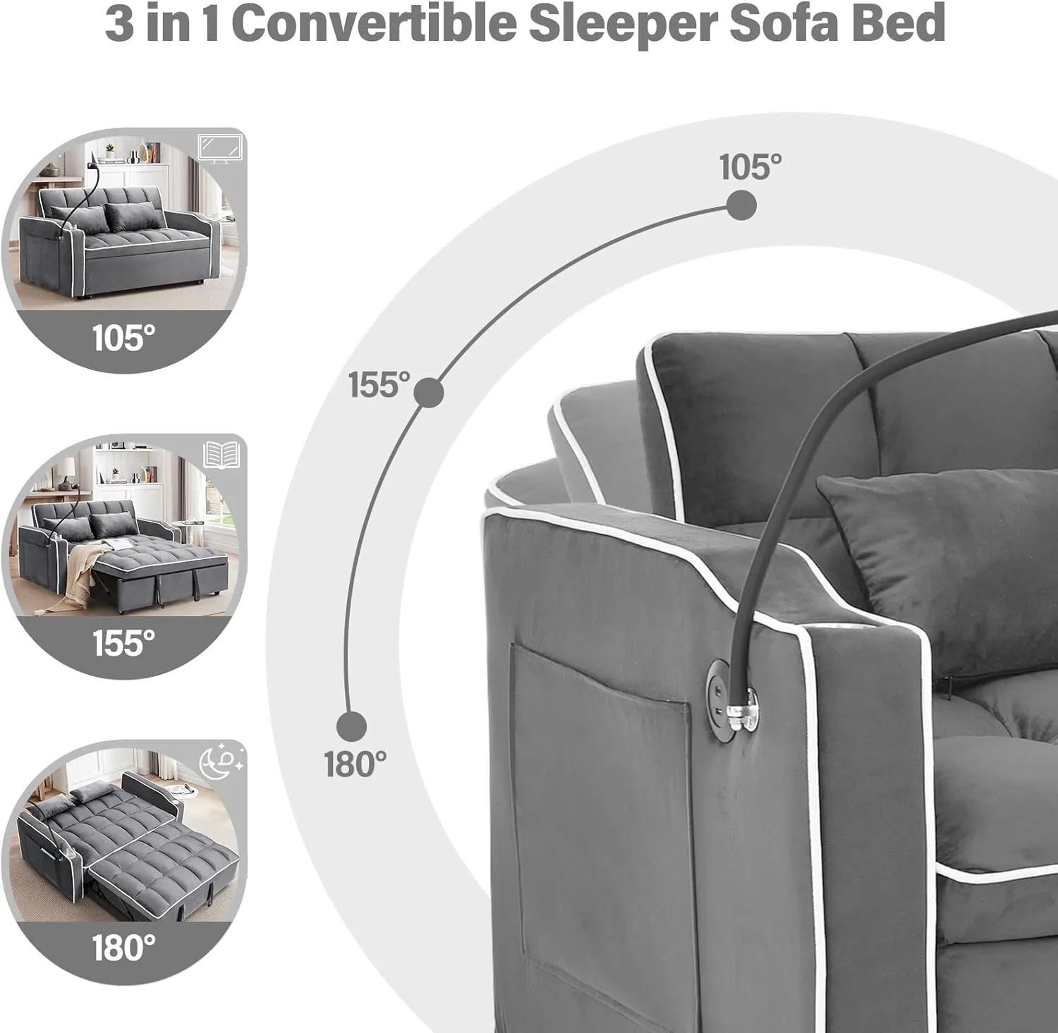 WIIS' IDEA Convertible Sofa Bed,3 in 1 Velvet Sleeper Sofa Pull-Out Bed,55'' Loveseat Sleeper Sofa Bed with Adjustable Backrest with 2 Pillows and Storage Bag & USB Port and Phone Stand,Dark Gray
