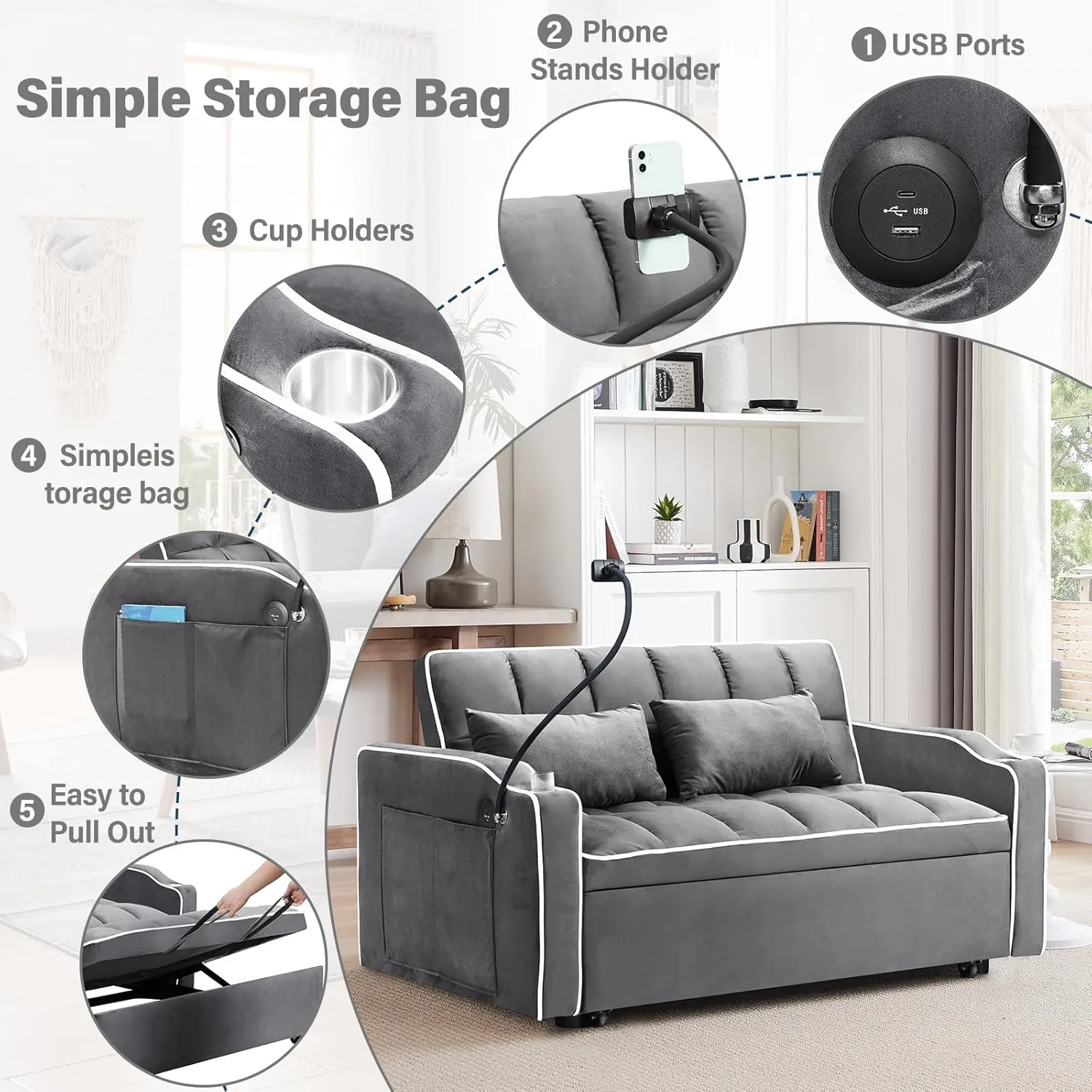 WIIS' IDEA Convertible Sofa Bed,3 in 1 Velvet Sleeper Sofa Pull-Out Bed,55'' Loveseat Sleeper Sofa Bed with Adjustable Backrest with 2 Pillows and Storage Bag & USB Port and Phone Stand,Dark Gray