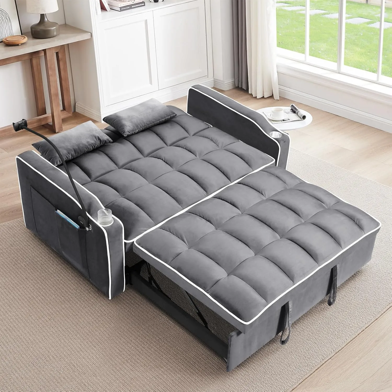 WIIS' IDEA Convertible Sofa Bed,3 in 1 Velvet Sleeper Sofa Pull-Out Bed,55'' Loveseat Sleeper Sofa Bed with Adjustable Backrest with 2 Pillows and Storage Bag & USB Port and Phone Stand,Dark Gray