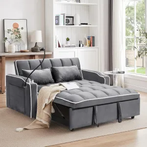 WIIS' IDEA Convertible Sofa Bed,3 in 1 Velvet Sleeper Sofa Pull-Out Bed,55'' Loveseat Sleeper Sofa Bed with Adjustable Backrest with 2 Pillows and Storage Bag & USB Port and Phone Stand,Dark Gray