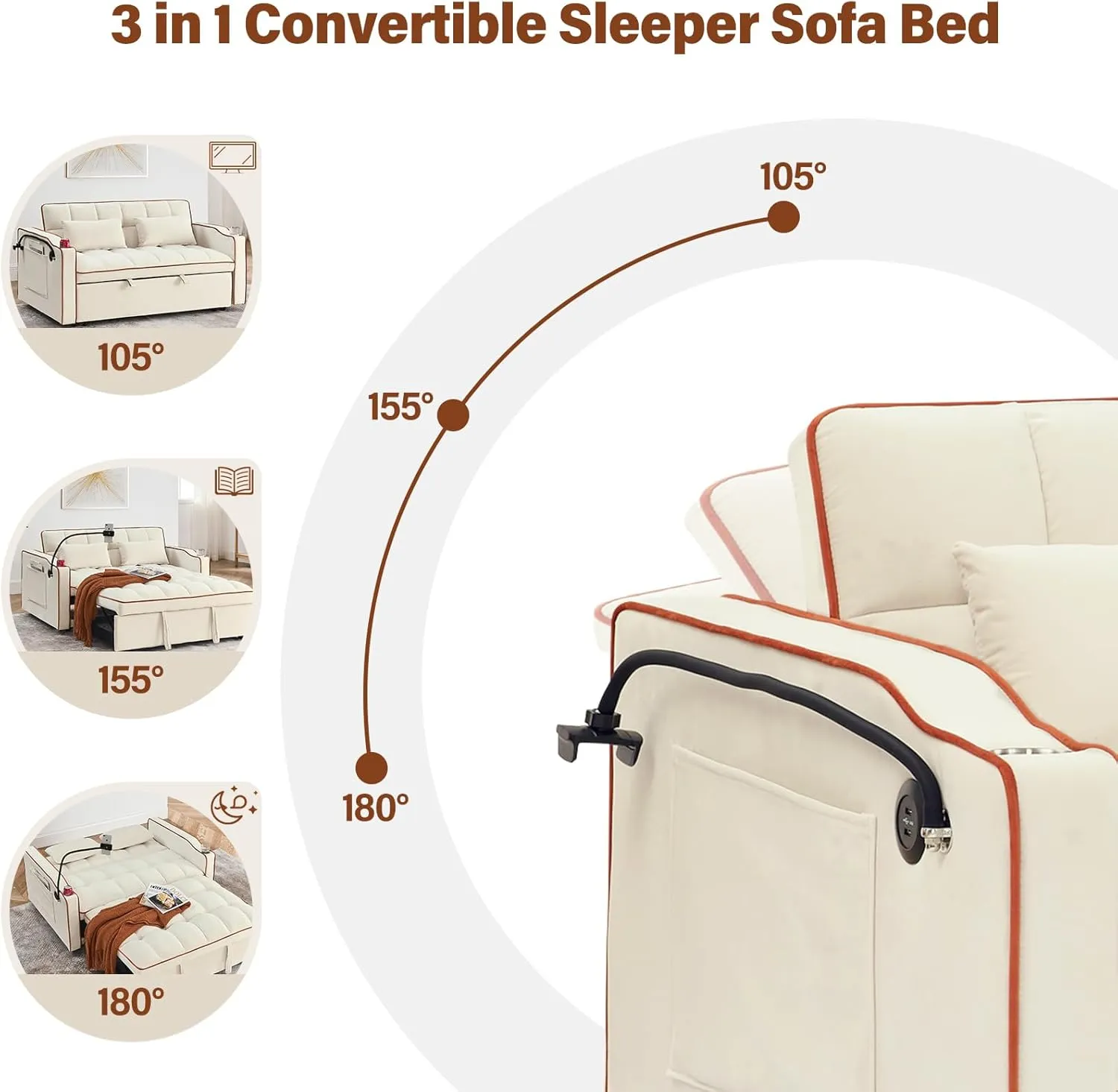 WIIS' IDEA Convertible Sofa Bed,3 in 1 Velvet Sleeper Sofa Pull-Out Bed,55'' Loveseat Sleeper Sofa Bed with Adjustable Backrest with 2 Pillows and Storage Bag & USB Port and Swivel Phone Stand,Beige