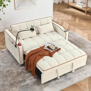 WIIS' IDEA Convertible Sofa Bed,3 in 1 Velvet Sleeper Sofa Pull-Out Bed,55'' Loveseat Sleeper Sofa Bed with Adjustable Backrest with 2 Pillows and Storage Bag & USB Port and Swivel Phone Stand,Beige
