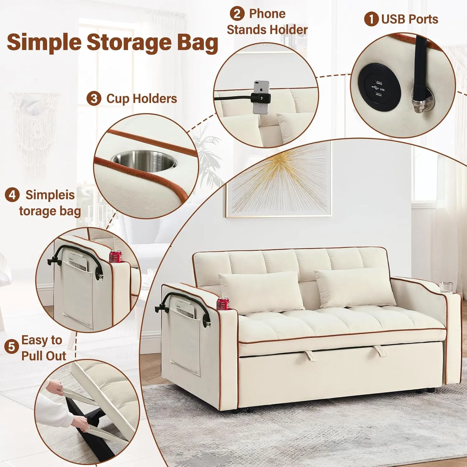 WIIS' IDEA Convertible Sofa Bed,3 in 1 Velvet Sleeper Sofa Pull-Out Bed,55'' Loveseat Sleeper Sofa Bed with Adjustable Backrest with 2 Pillows and Storage Bag & USB Port and Swivel Phone Stand,Beige