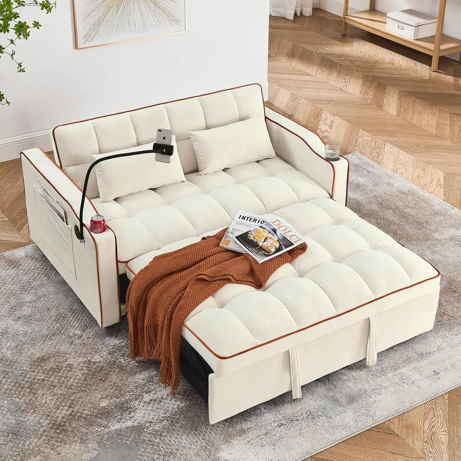 WIIS' IDEA Convertible Sofa Bed,3 in 1 Velvet Sleeper Sofa Pull-Out Bed,55'' Loveseat Sleeper Sofa Bed with Adjustable Backrest with 2 Pillows and Storage Bag & USB Port and Swivel Phone Stand,Beige