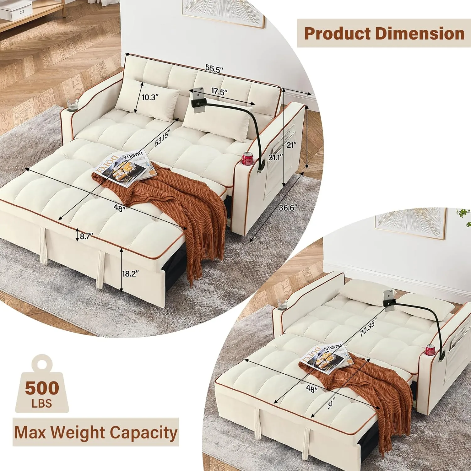 WIIS' IDEA Convertible Sofa Bed,3 in 1 Velvet Sleeper Sofa Pull-Out Bed,55'' Loveseat Sleeper Sofa Bed with Adjustable Backrest with 2 Pillows and Storage Bag & USB Port and Swivel Phone Stand,Beige