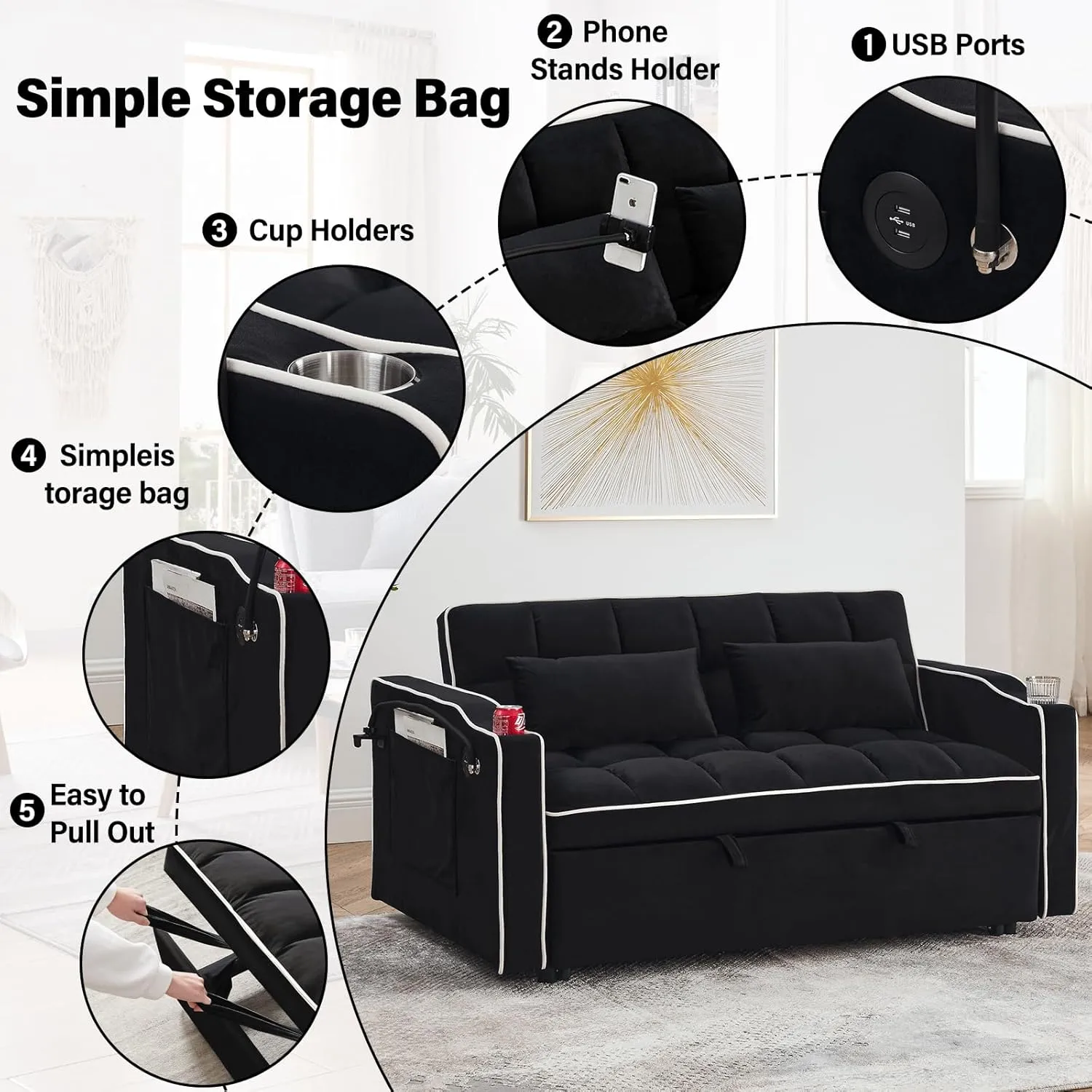WIIS' IDEA Convertible Sofa Bed,3 in 1 Velvet Sleeper Sofa Pull-Out Bed,55'' Loveseat Sleeper Sofa Bed with Adjustable Backrest with 2 Pillows and Storage Bag & USB Port and Swivel Phone Stand,Black