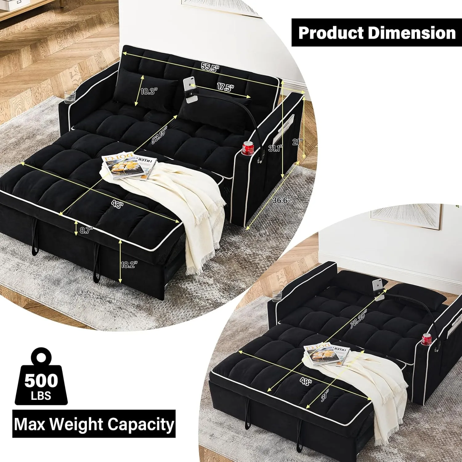 WIIS' IDEA Convertible Sofa Bed,3 in 1 Velvet Sleeper Sofa Pull-Out Bed,55'' Loveseat Sleeper Sofa Bed with Adjustable Backrest with 2 Pillows and Storage Bag & USB Port and Swivel Phone Stand,Black