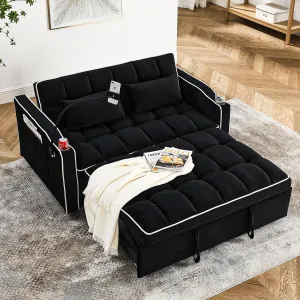 WIIS' IDEA Convertible Sofa Bed,3 in 1 Velvet Sleeper Sofa Pull-Out Bed,55'' Loveseat Sleeper Sofa Bed with Adjustable Backrest with 2 Pillows and Storage Bag & USB Port and Swivel Phone Stand,Black