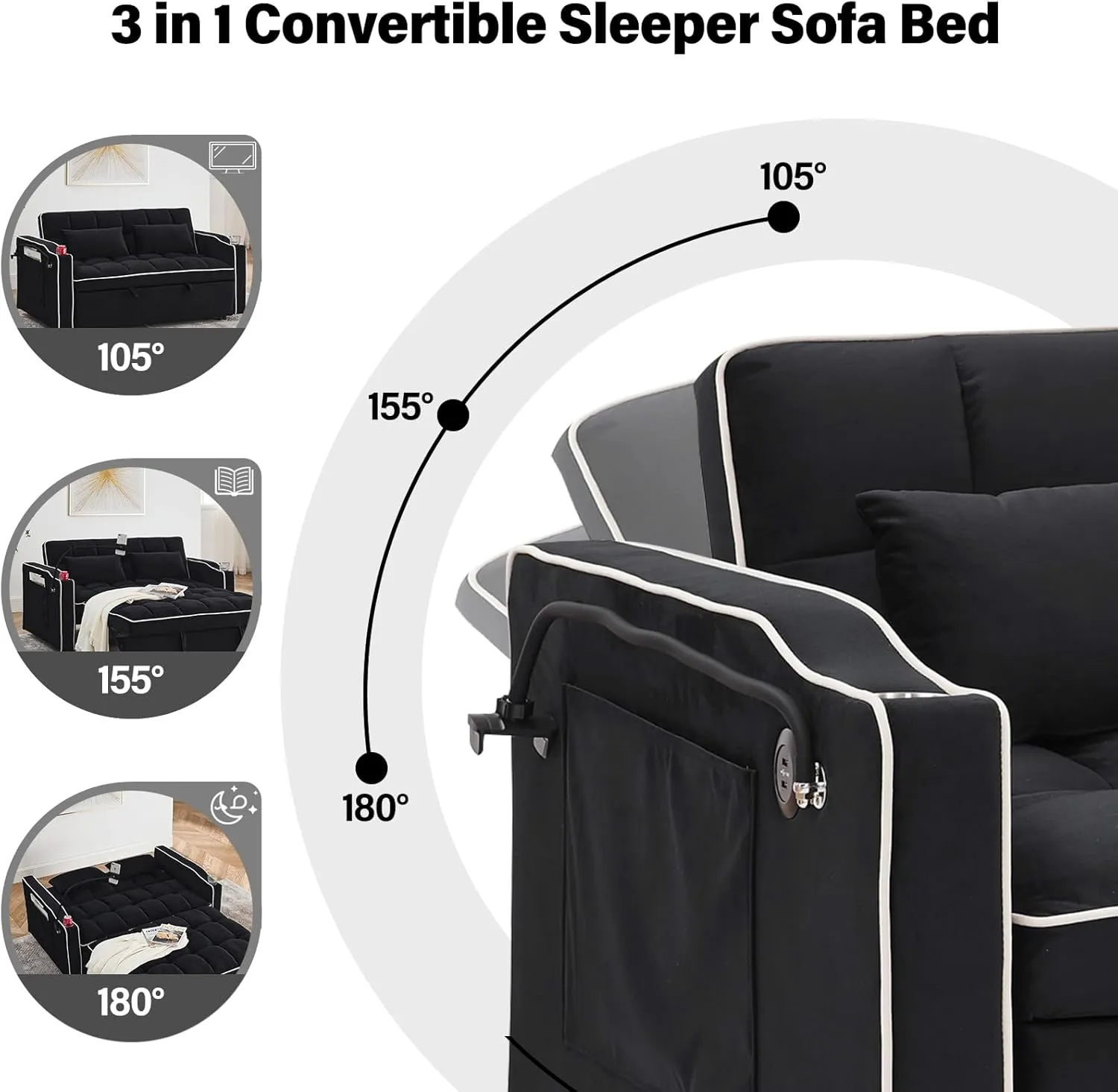 WIIS' IDEA Convertible Sofa Bed,3 in 1 Velvet Sleeper Sofa Pull-Out Bed,55'' Loveseat Sleeper Sofa Bed with Adjustable Backrest with 2 Pillows and Storage Bag & USB Port and Swivel Phone Stand,Black